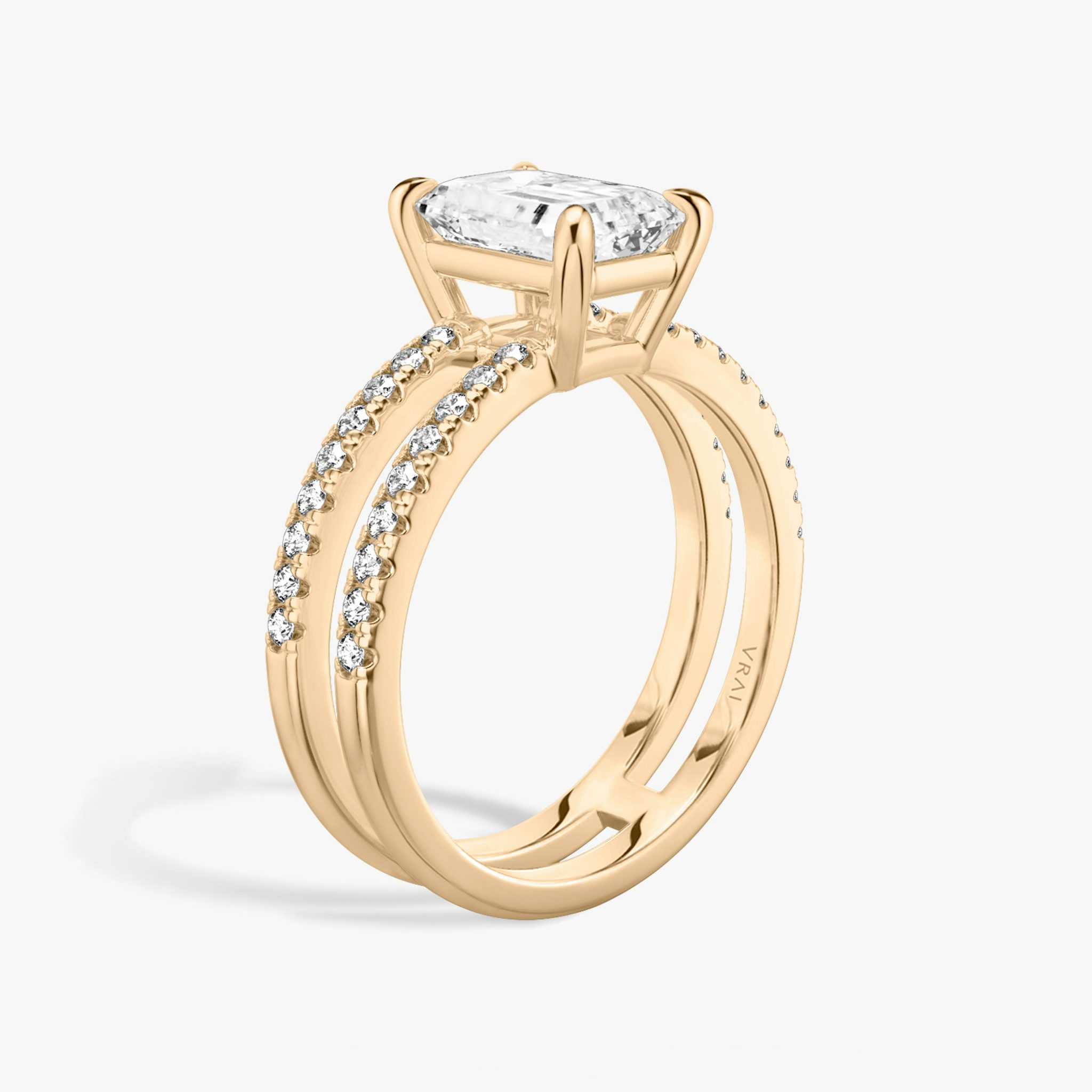 The Double Band | Emerald | 14k | Rose Gold | bandAccent: Pavé | bandStoneShape: Round Brilliant | diamondOrientation: vertical | caratWeight: other