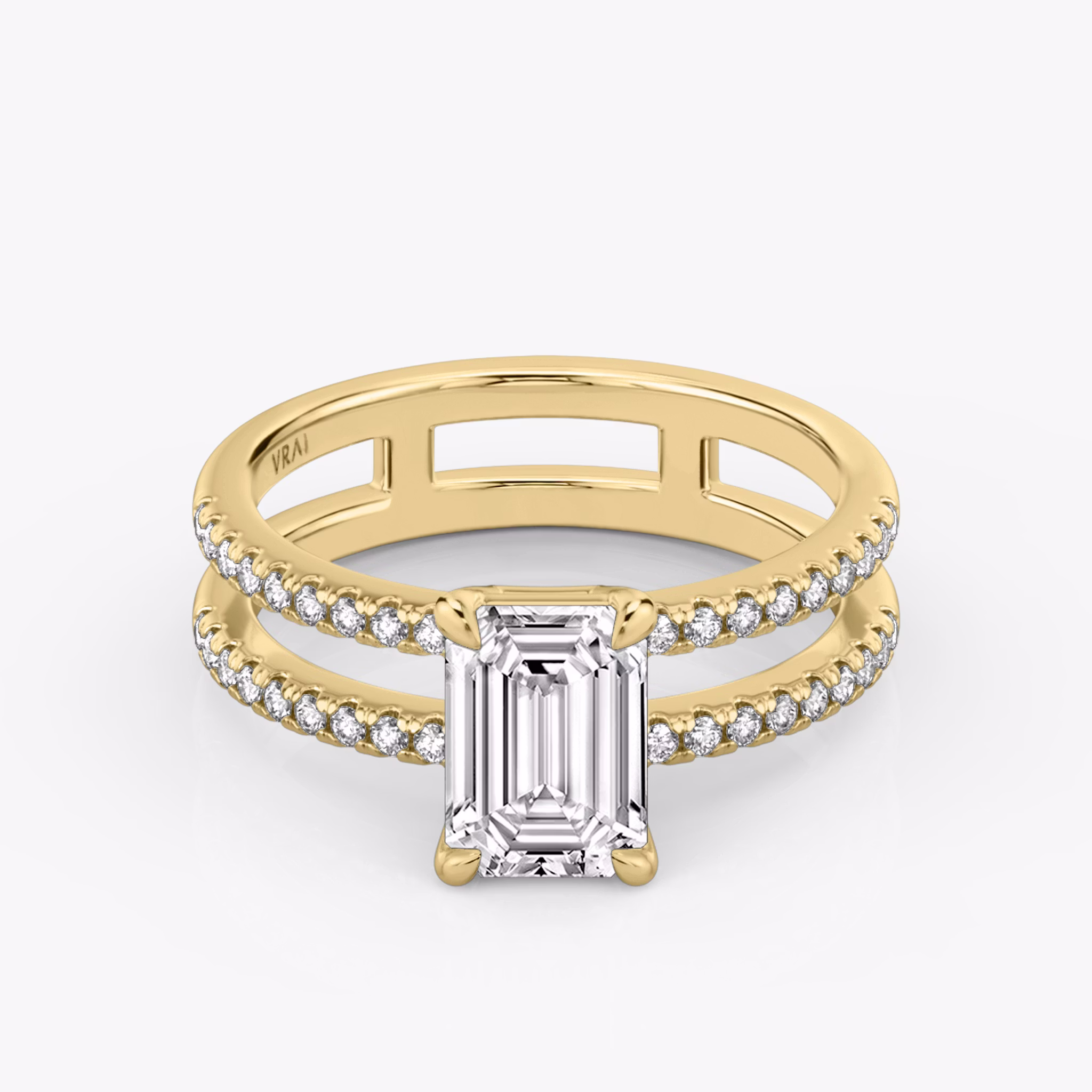 The Double Band | Emerald | 18k | Yellow Gold | bandAccent: Pavé | bandStoneShape: Round Brilliant | diamondOrientation: vertical | caratWeight: other