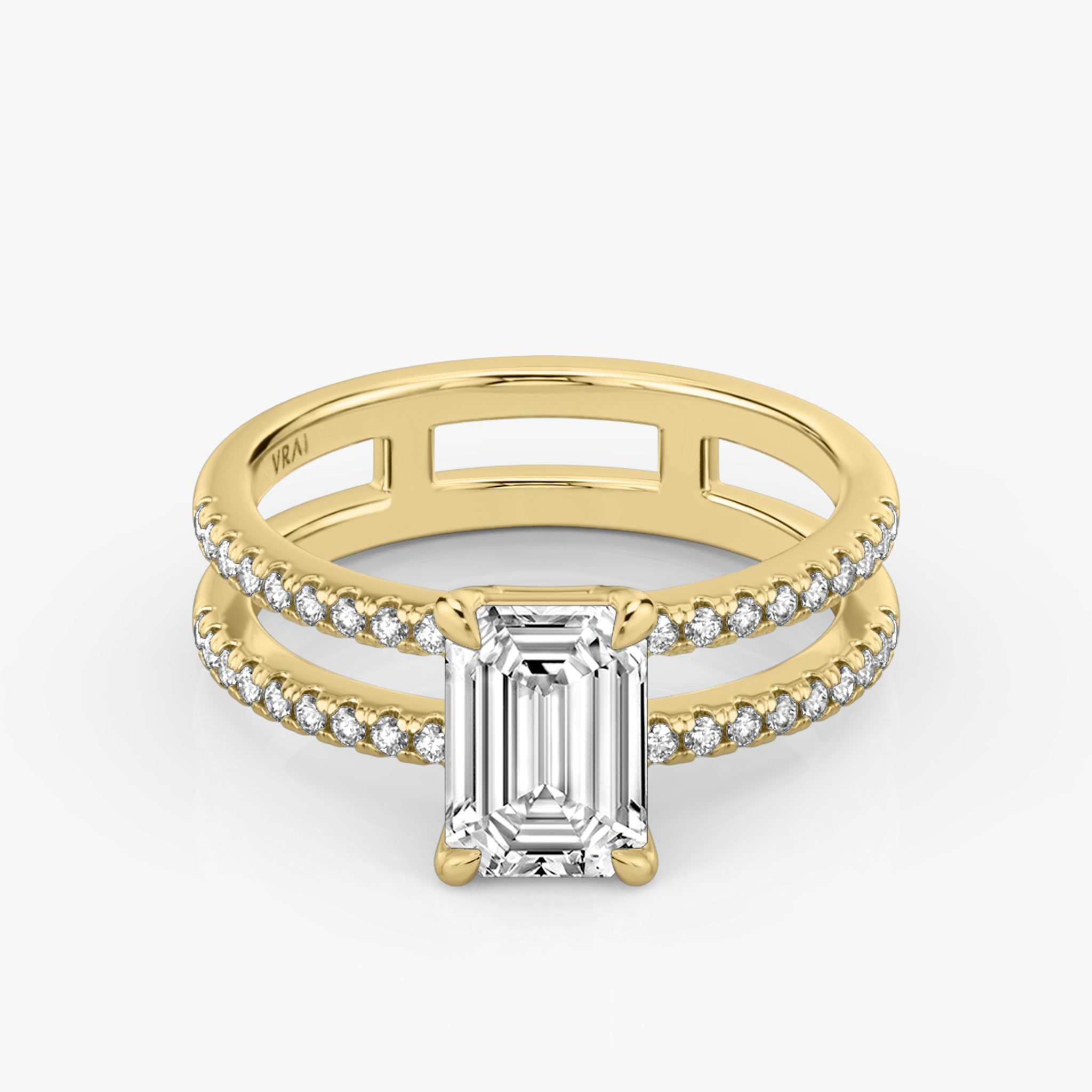 The Double Band | Emerald | 18k | Yellow Gold | bandAccent: Pavé | bandStoneShape: Round Brilliant | diamondOrientation: vertical | caratWeight: other