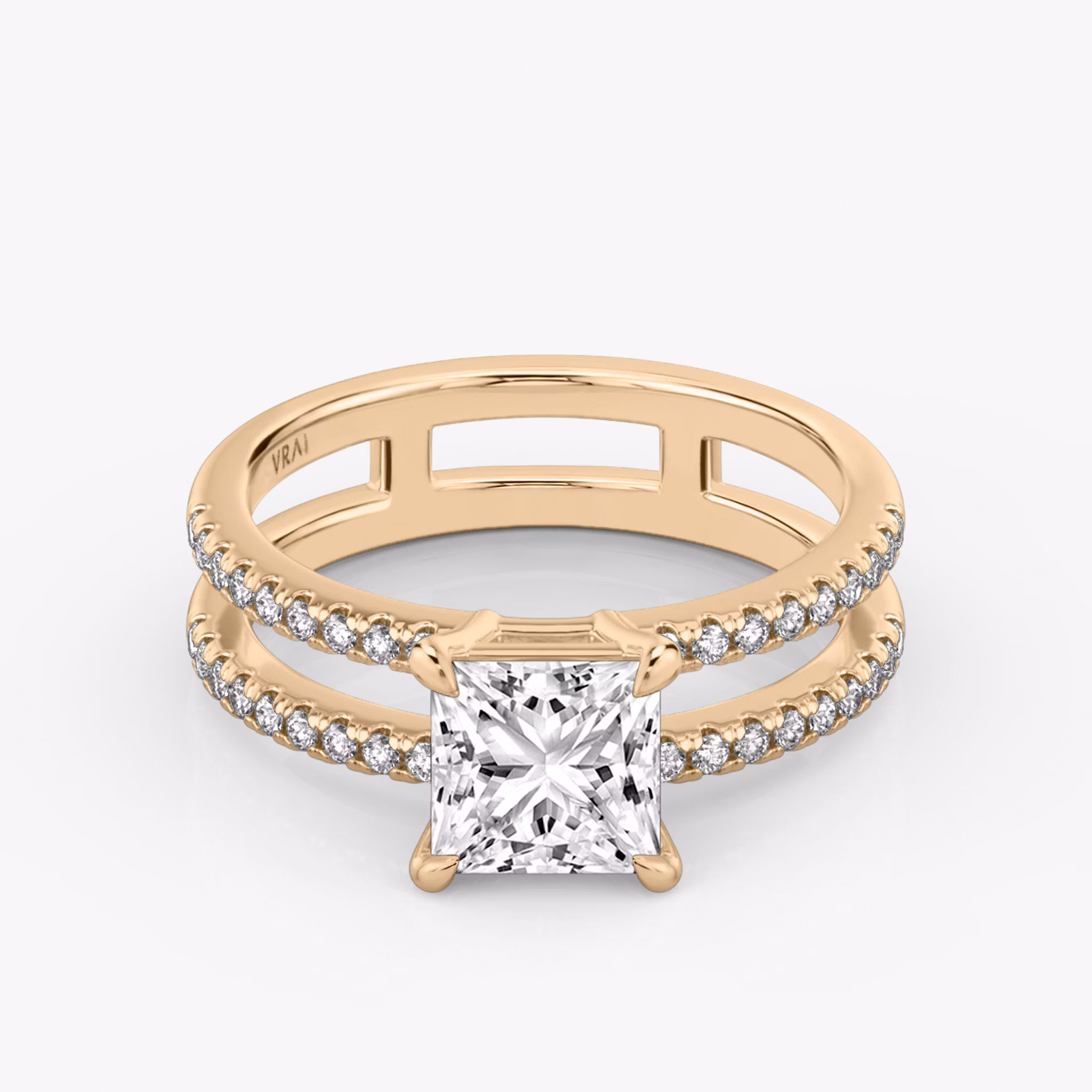 The Double Band | Princess | 14k | Rose Gold | bandAccent: Pavé | bandStoneShape: Round Brilliant | diamondOrientation: vertical | caratWeight: other
