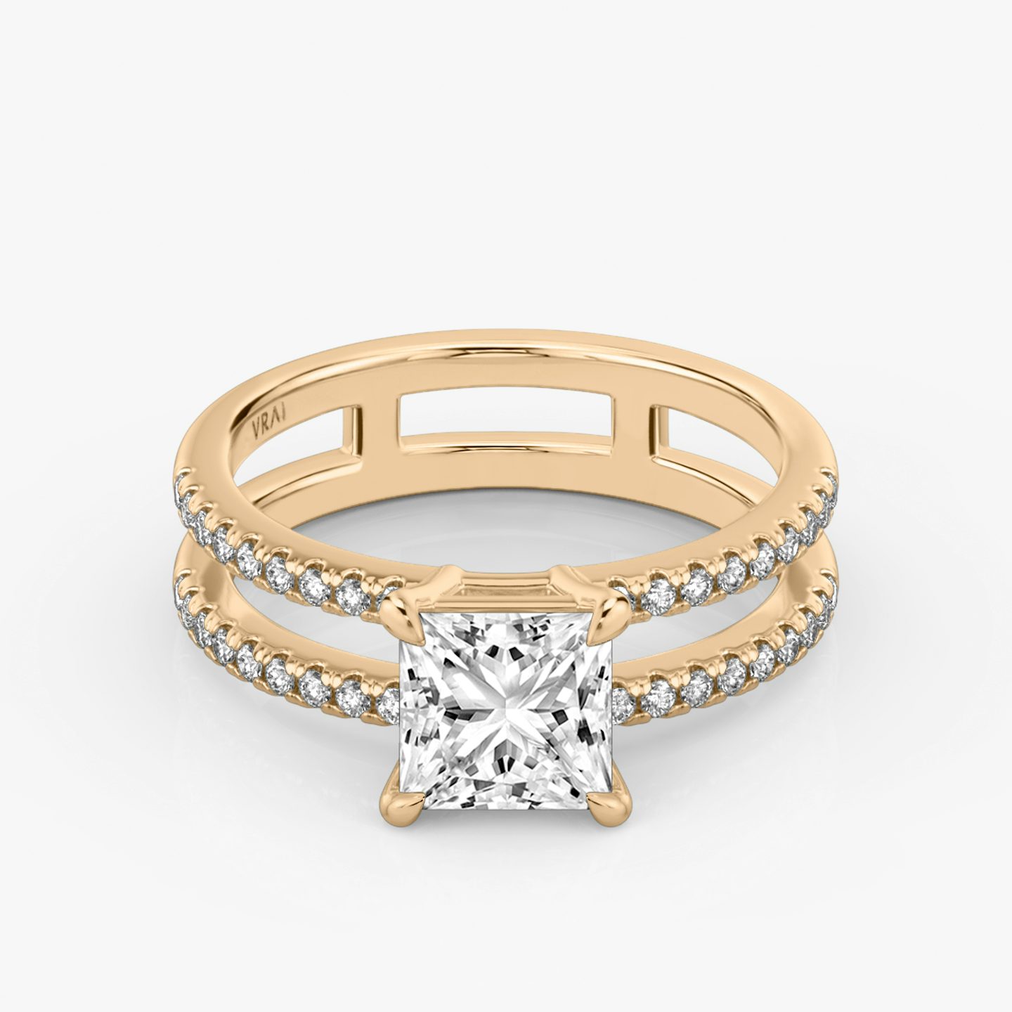 The Double Band | Princess | 14k | Rose Gold | bandAccent: Pavé | bandStoneShape: Round Brilliant | diamondOrientation: vertical | caratWeight: other
