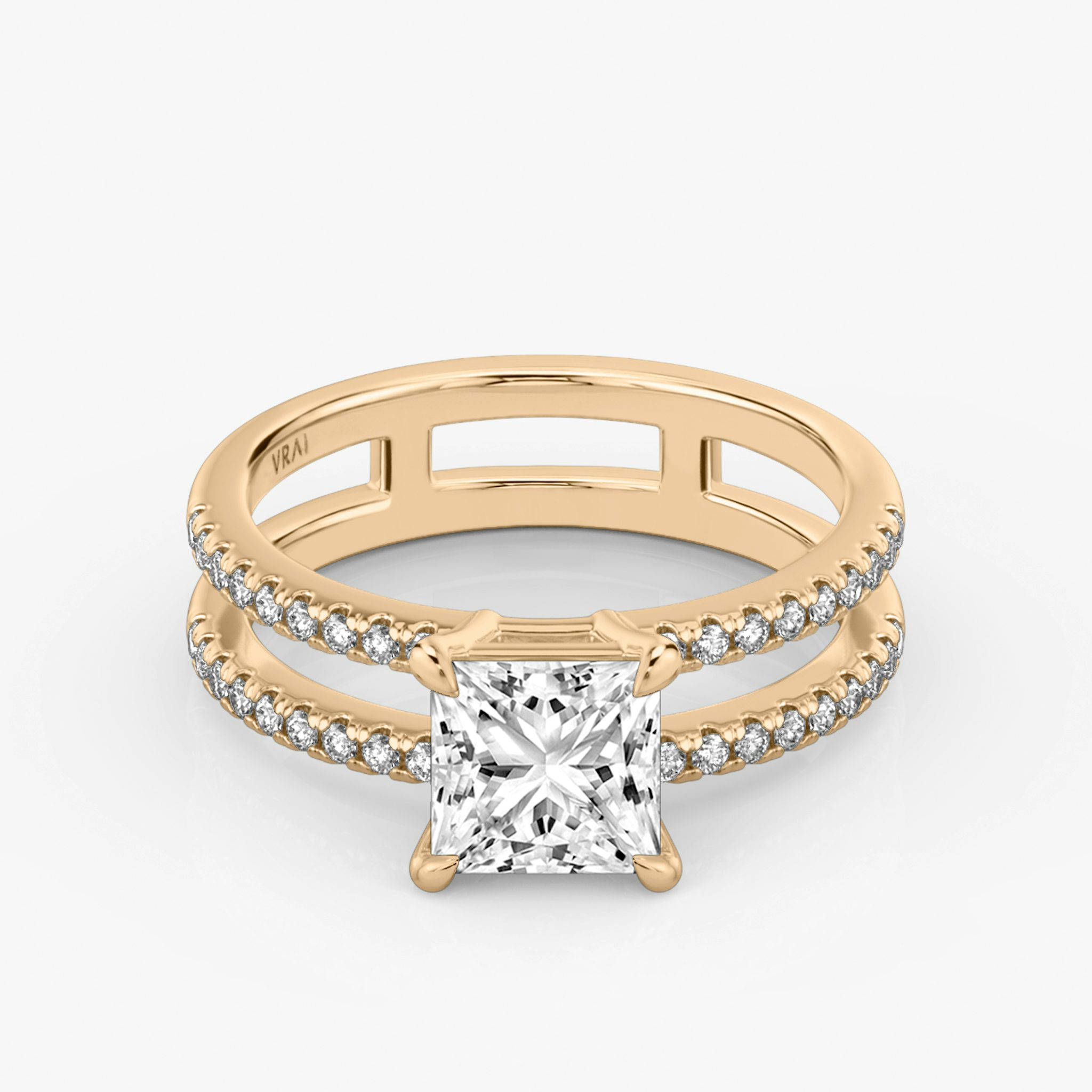 The Double Band | Princess | 14k | Rose Gold | bandAccent: Pavé | bandStoneShape: Round Brilliant | diamondOrientation: vertical | caratWeight: other