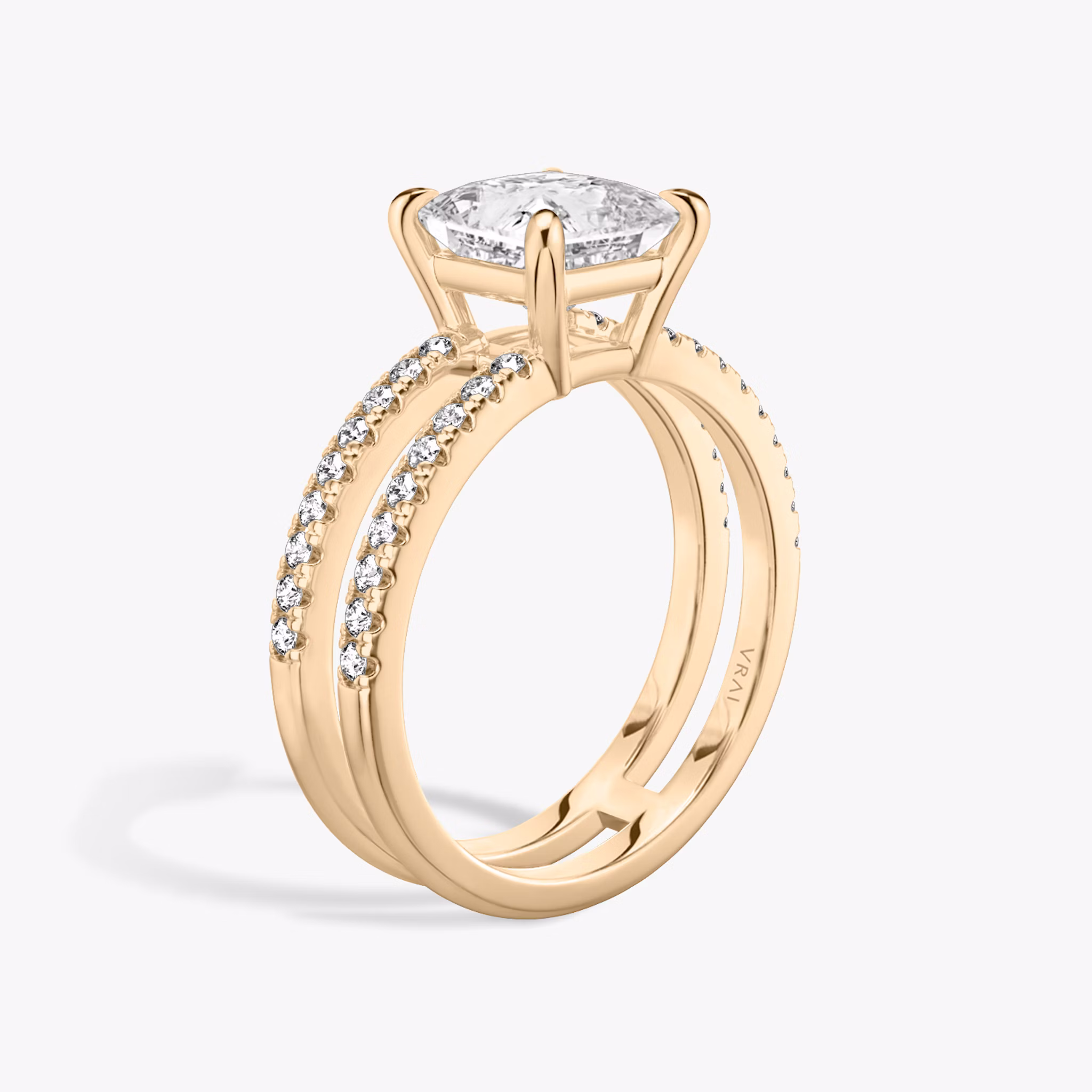 The Double Band | Princess | 14k | Rose Gold | bandAccent: Pavé | bandStoneShape: Round Brilliant | diamondOrientation: vertical | caratWeight: other