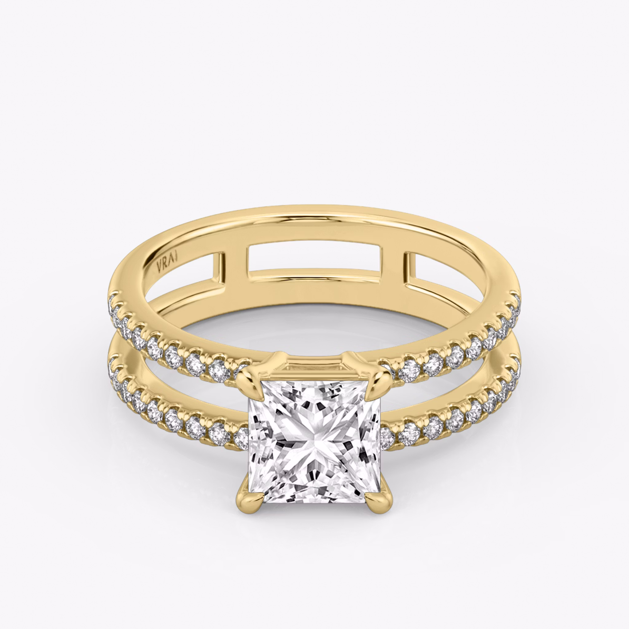 The Double Band | Princess | 18k | Yellow Gold | bandAccent: Pavé | bandStoneShape: Round Brilliant | diamondOrientation: vertical | caratWeight: other