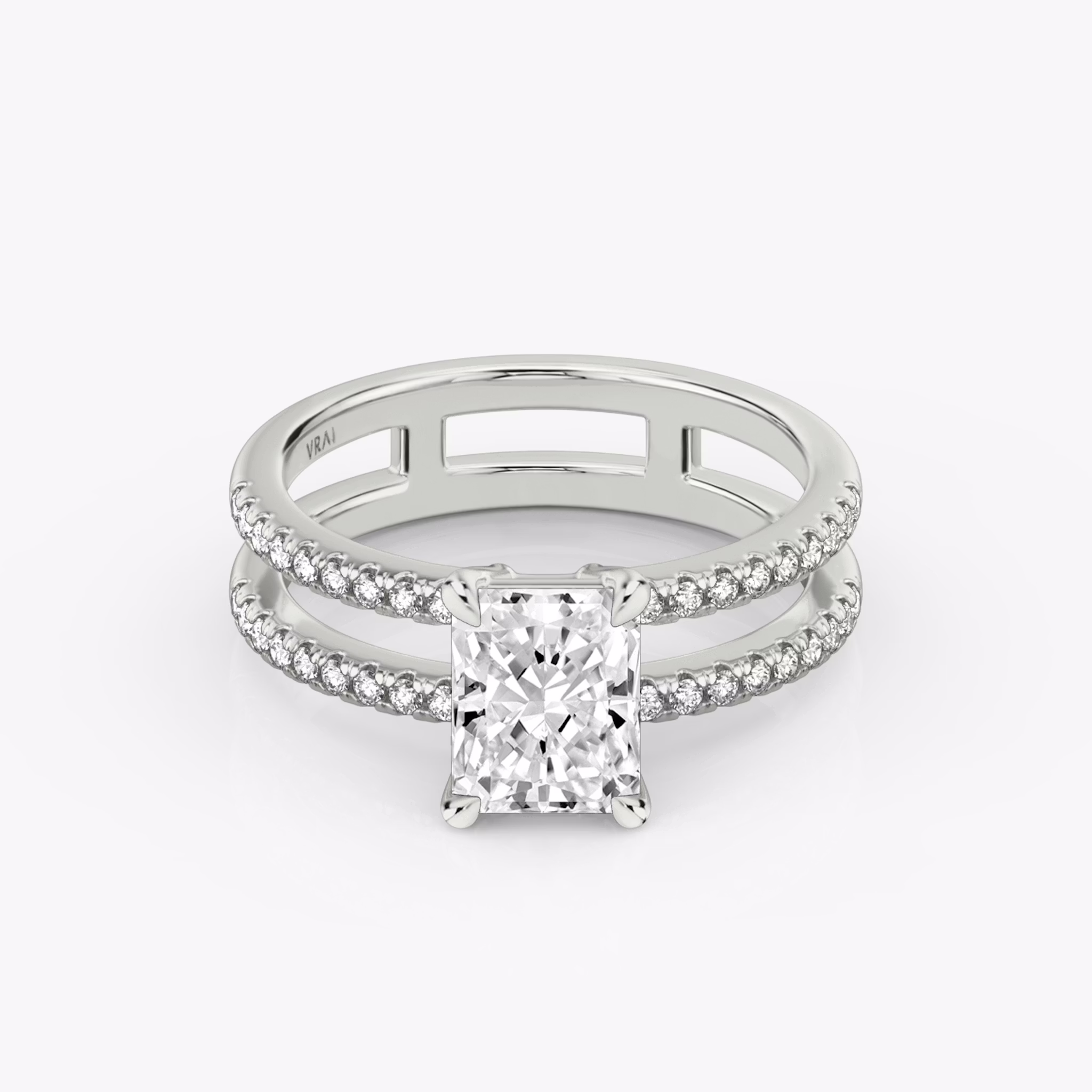 The Double Band | Radiant | 18k | White Gold | bandAccent: Pavé | bandStoneShape: Round Brilliant | diamondOrientation: vertical | caratWeight: other