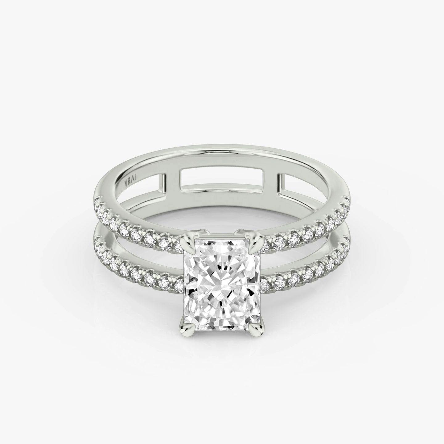 The Double Band | Radiant | Platinum | bandAccent: Pavé | bandStoneShape: Round Brilliant | diamondOrientation: vertical | caratWeight: other