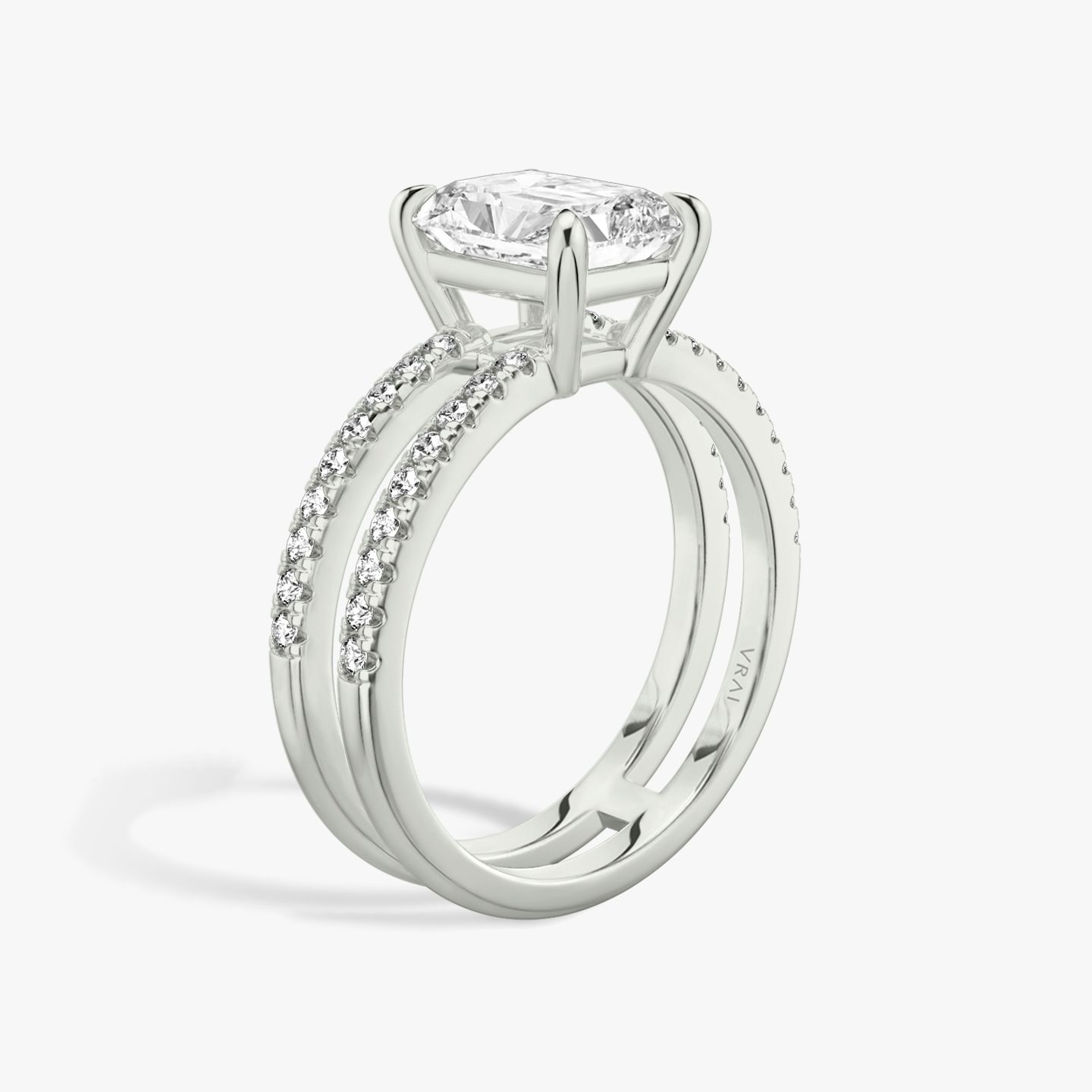 The Double Band | Radiant | Platinum | bandAccent: Pavé | bandStoneShape: Round Brilliant | diamondOrientation: vertical | caratWeight: other
