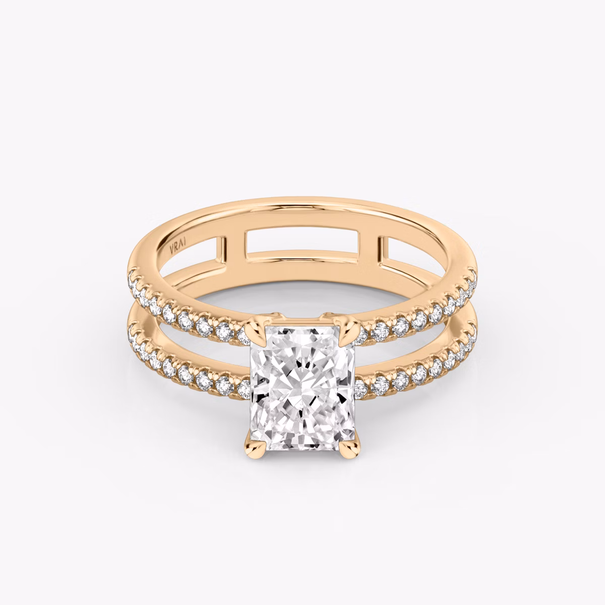 The Double Band | Radiant | 14k | Rose Gold | bandAccent: Pavé | bandStoneShape: Round Brilliant | diamondOrientation: vertical | caratWeight: other