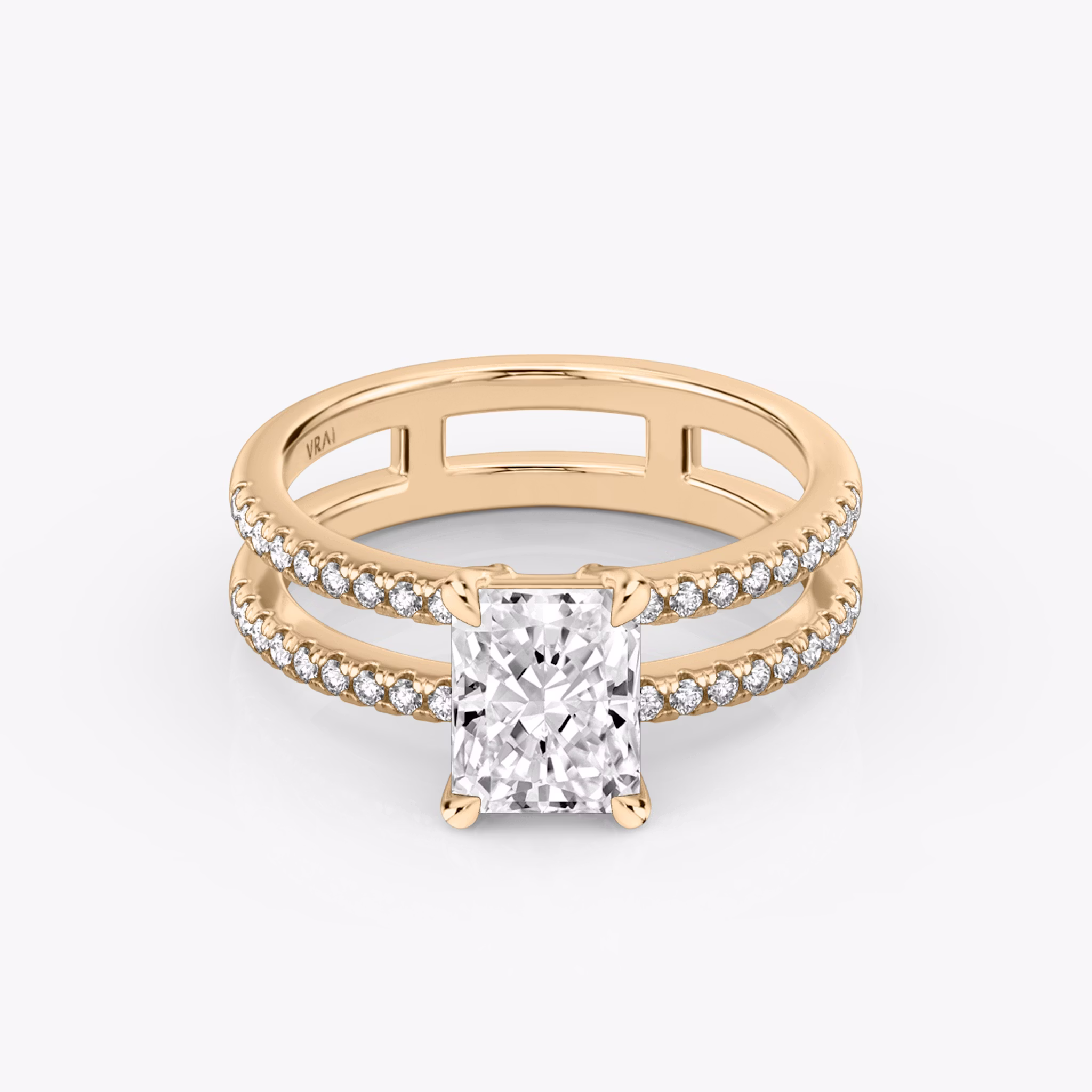 The Double Band | Radiant | 14k | Rose Gold | bandAccent: Pavé | bandStoneShape: Round Brilliant | diamondOrientation: vertical | caratWeight: other