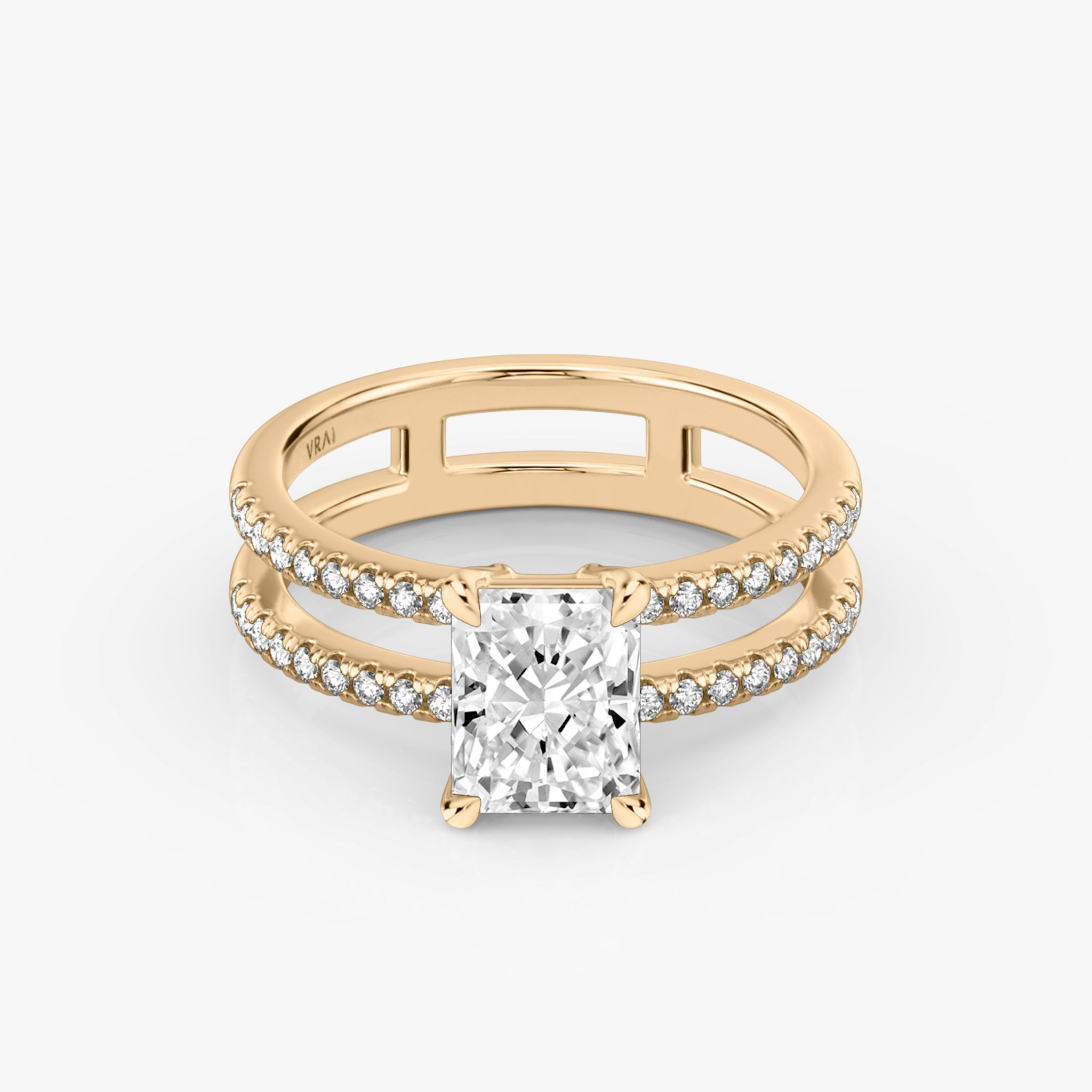 The Double Band | Radiant | 14k | Rose Gold | bandAccent: Pavé | bandStoneShape: Round Brilliant | diamondOrientation: vertical | caratWeight: other