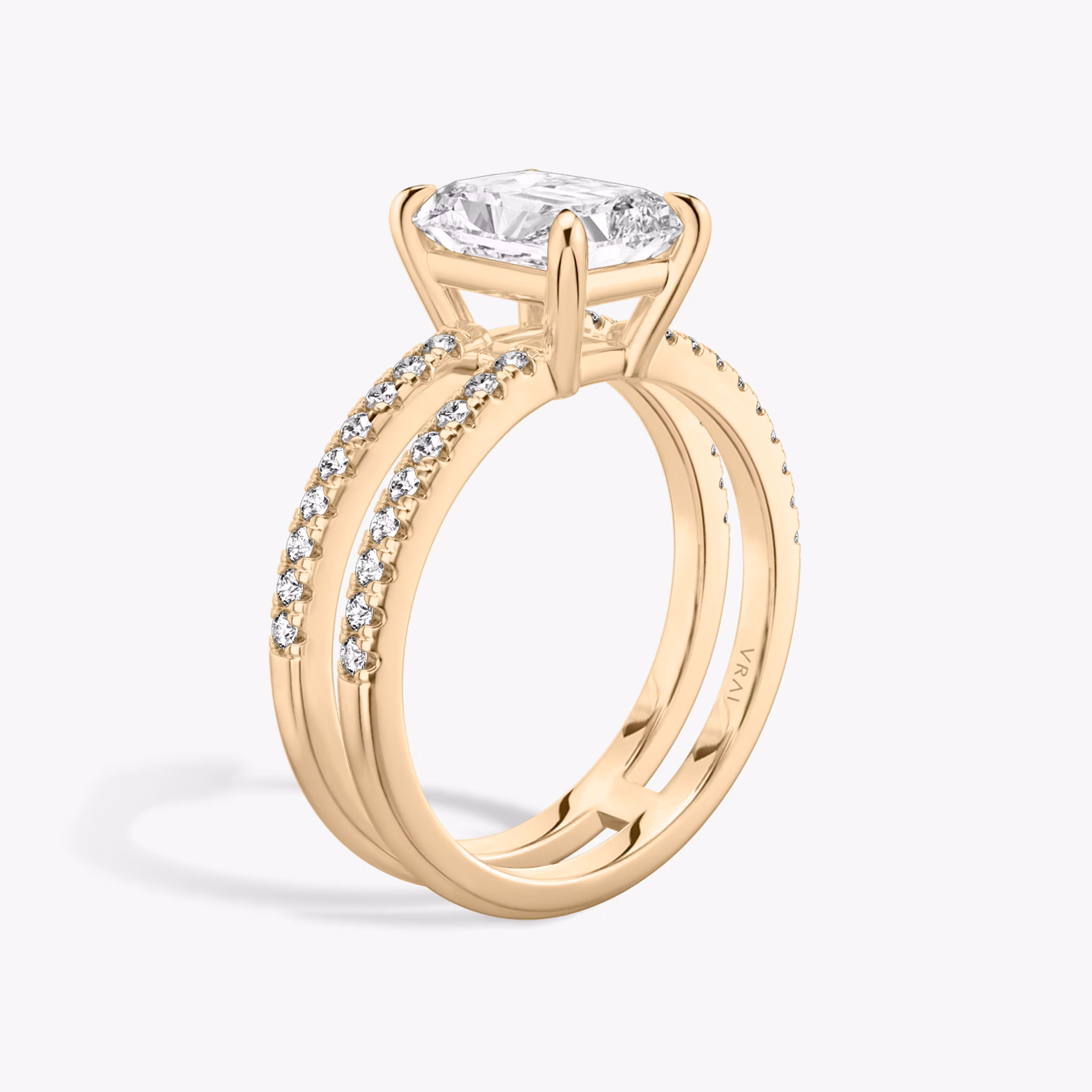 The Double Band | Radiant | 14k | Rose Gold | bandAccent: Pavé | bandStoneShape: Round Brilliant | diamondOrientation: vertical | caratWeight: other