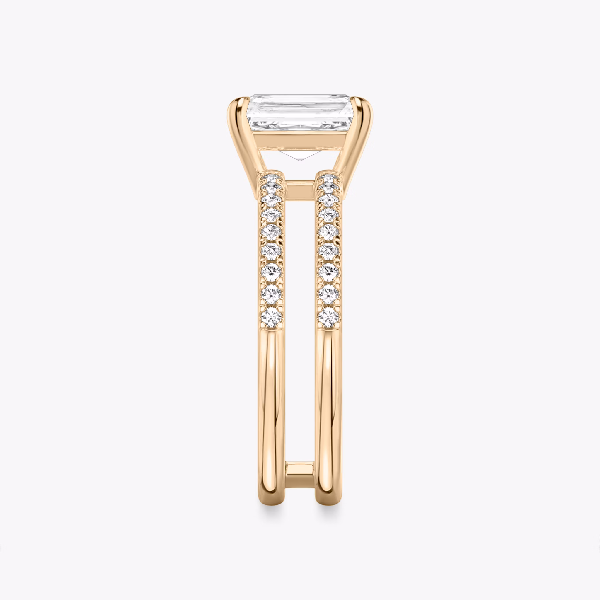 The Double Band | Radiant | 14k | Rose Gold | bandAccent: Pavé | bandStoneShape: Round Brilliant | diamondOrientation: vertical | caratWeight: other