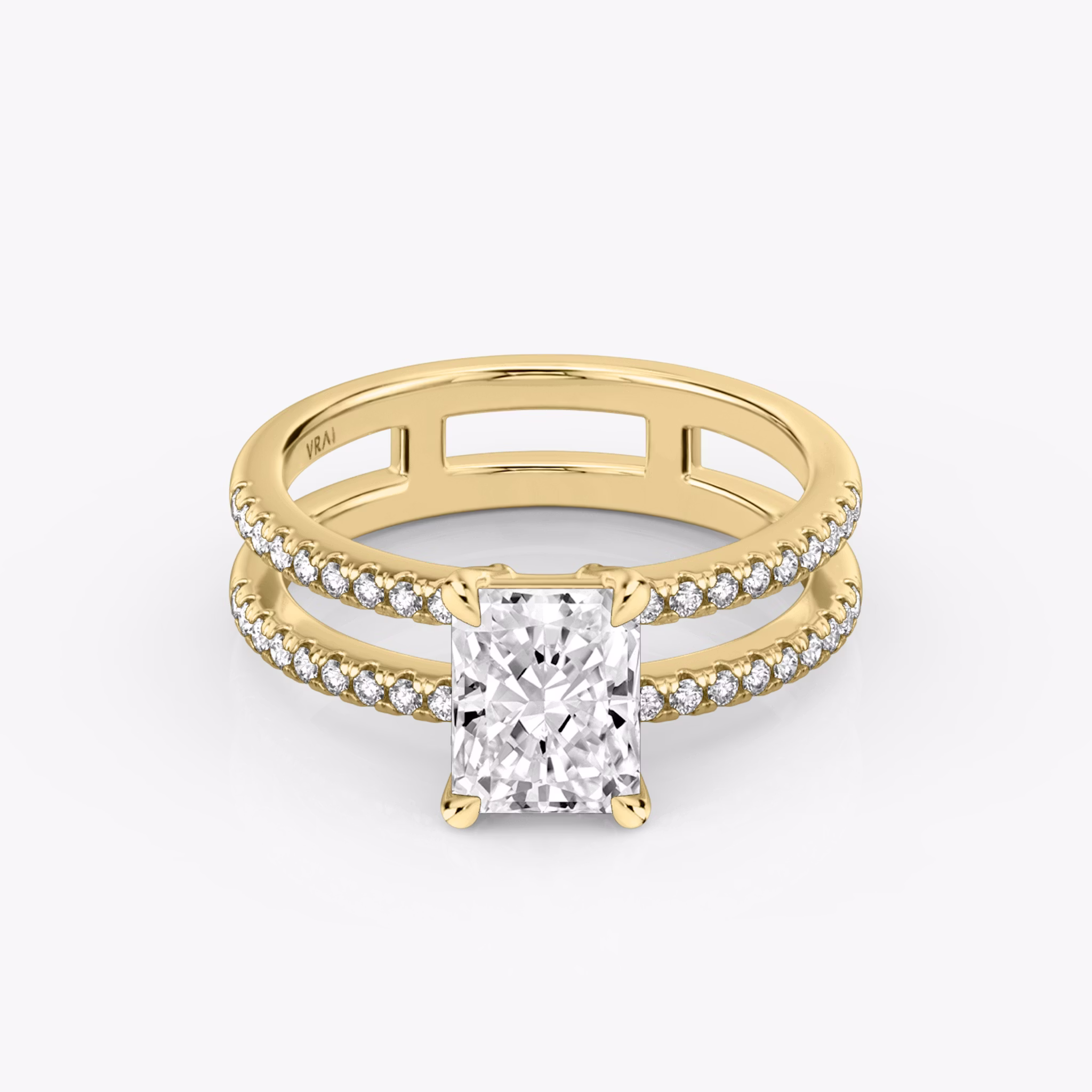 The Double Band | Radiant | 18k | Yellow Gold | bandAccent: Pavé | bandStoneShape: Round Brilliant | diamondOrientation: vertical | caratWeight: other