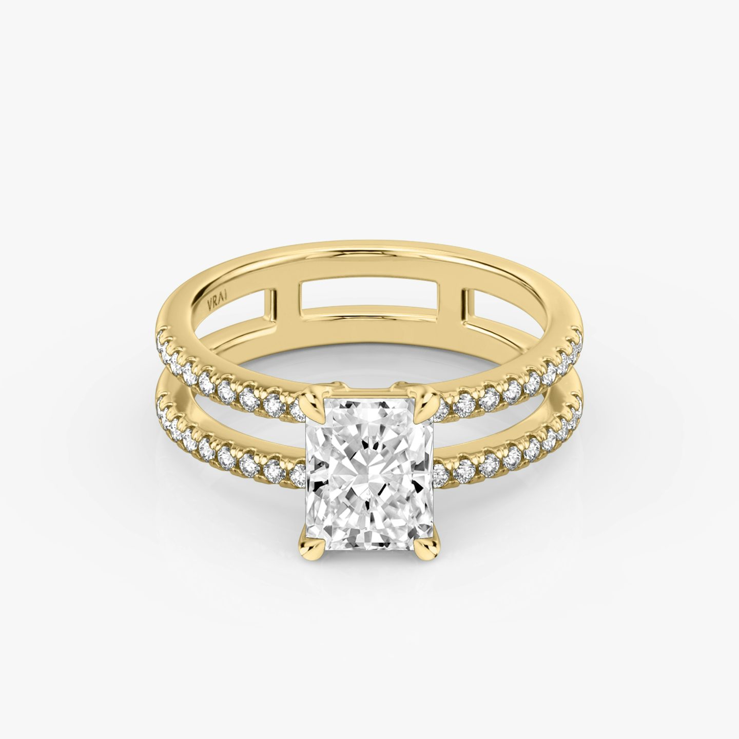 The Double Band | Radiant | 18k | Yellow Gold | bandAccent: Pavé | bandStoneShape: Round Brilliant | diamondOrientation: vertical | caratWeight: other