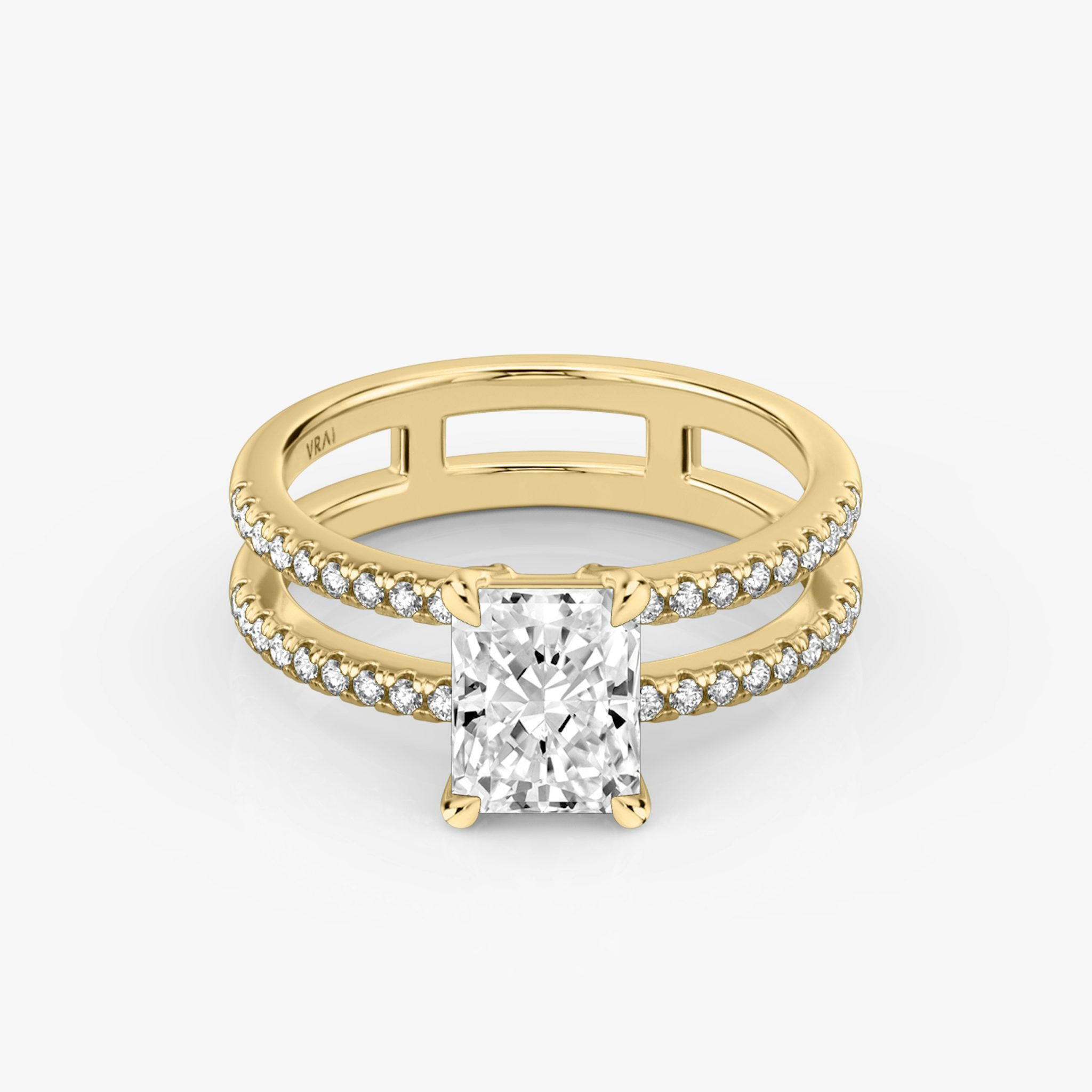 The Double Band | Radiant | 18k | Yellow Gold | bandAccent: Pavé | bandStoneShape: Round Brilliant | diamondOrientation: vertical | caratWeight: other
