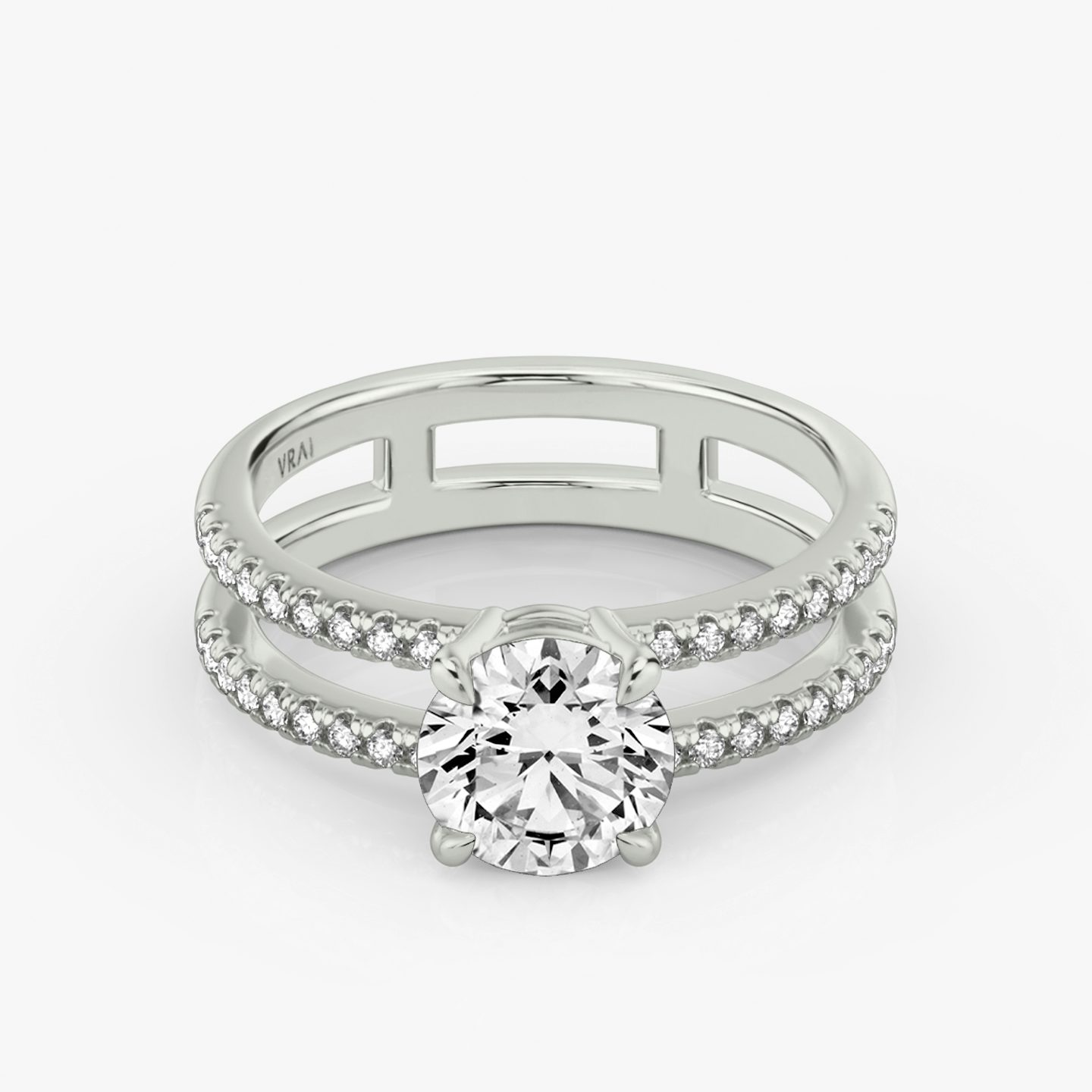 The Double Band | Round Brilliant | Platinum | bandAccent: Pavé | bandStoneShape: Round Brilliant | caratWeight: 1.0ct | diamondOrientation: vertical