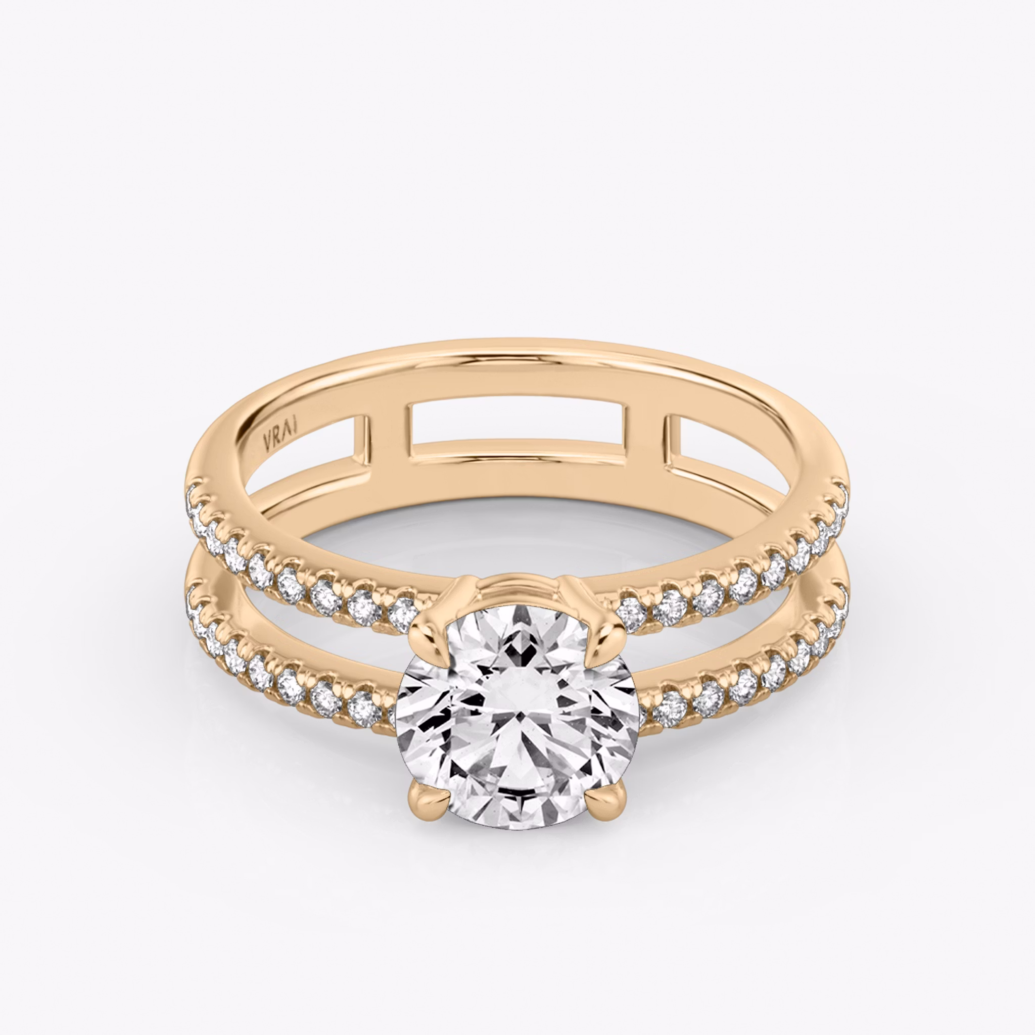 The Double Band | Round Brilliant | 14k | Rose Gold | bandAccent: Pavé | bandStoneShape: Round Brilliant | caratWeight: other | diamondOrientation: vertical