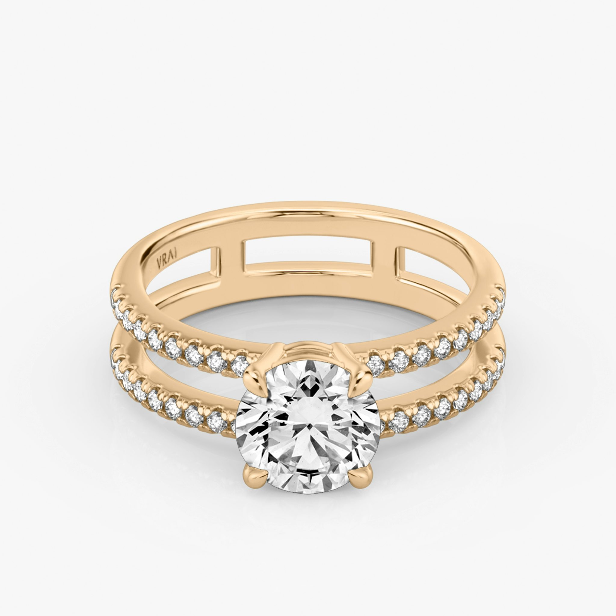 The Double Band | Round Brilliant | 14k | Rose Gold | bandAccent: Pavé | bandStoneShape: Round Brilliant | caratWeight: other | diamondOrientation: vertical