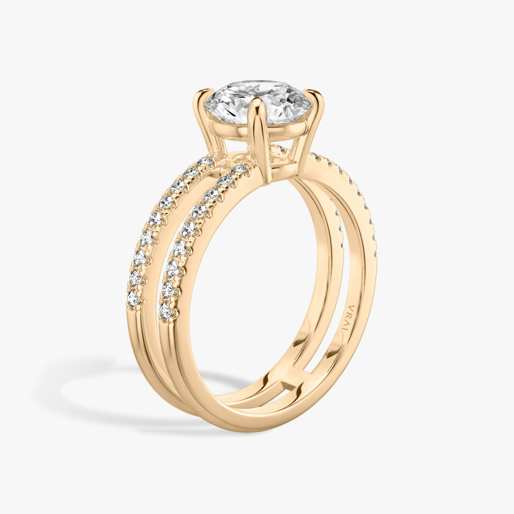 The Double Band | Round Brilliant | 14k | Rose Gold | bandAccent: Pavé | bandStoneShape: Round Brilliant | caratWeight: other | diamondOrientation: vertical