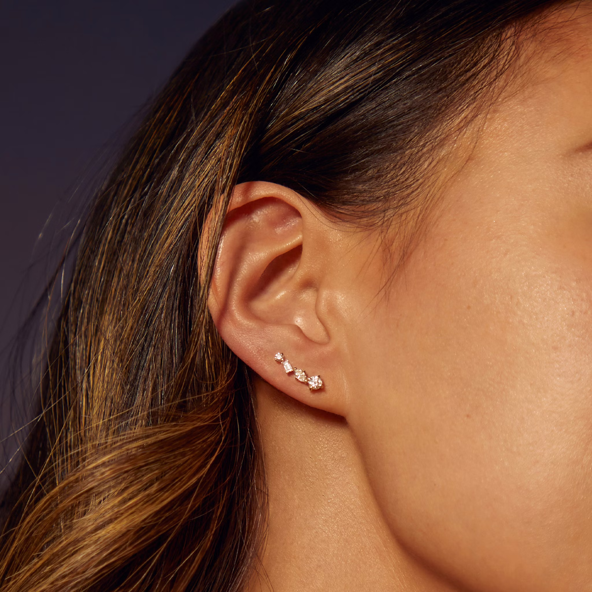 Shooting Star Ear Climber | Round Brilliant, Baguette and Marquise | 14k | Yellow Gold | side: left