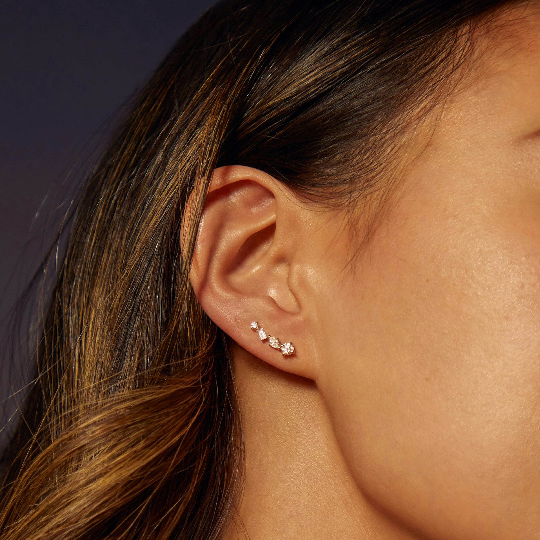 Shooting Star Ear Climber | Round Brilliant, Baguette and Marquise | 14k | Yellow Gold | side: left