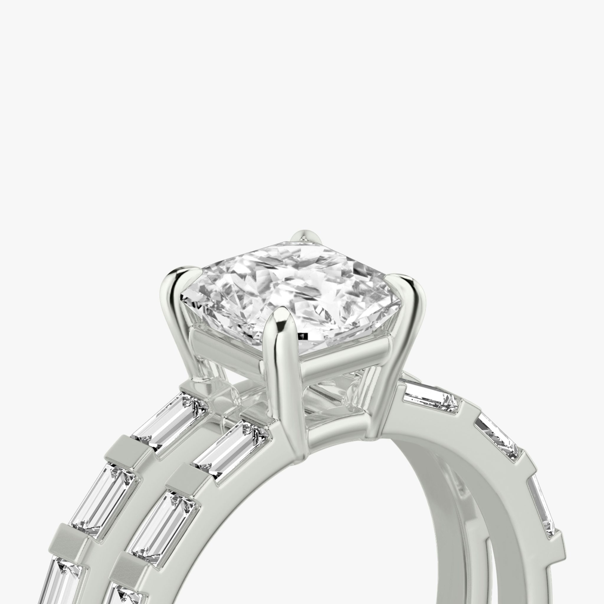 The Double Band | Asscher | Platinum | bandAccent: Pavé | bandStoneShape: Baguette | diamondOrientation: vertical | caratWeight: other