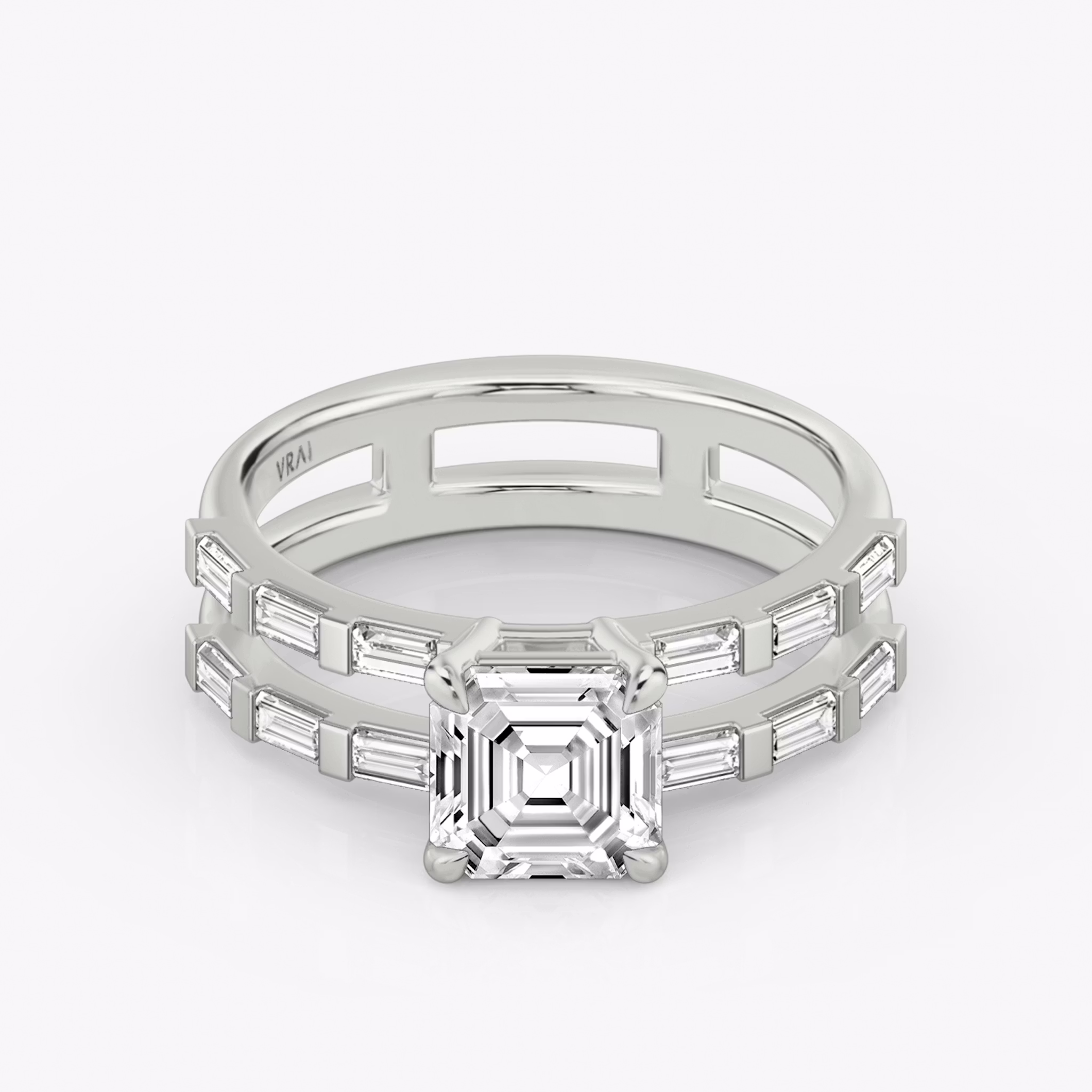 The Double Band | Asscher | Platinum | bandAccent: Pavé | bandStoneShape: Baguette | diamondOrientation: vertical | caratWeight: other
