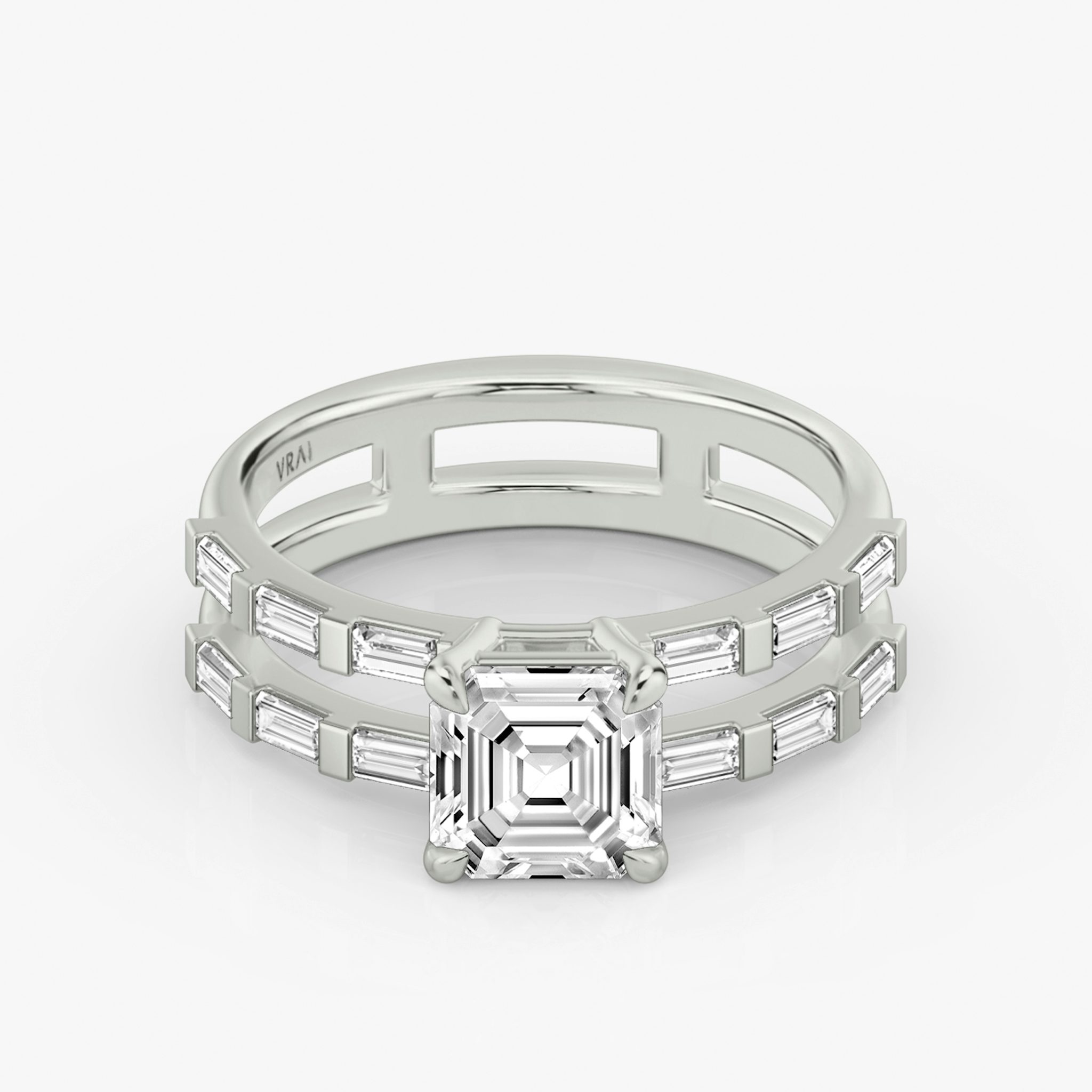 The Double Band | Asscher | Platinum | bandAccent: Pavé | bandStoneShape: Baguette | diamondOrientation: vertical | caratWeight: other