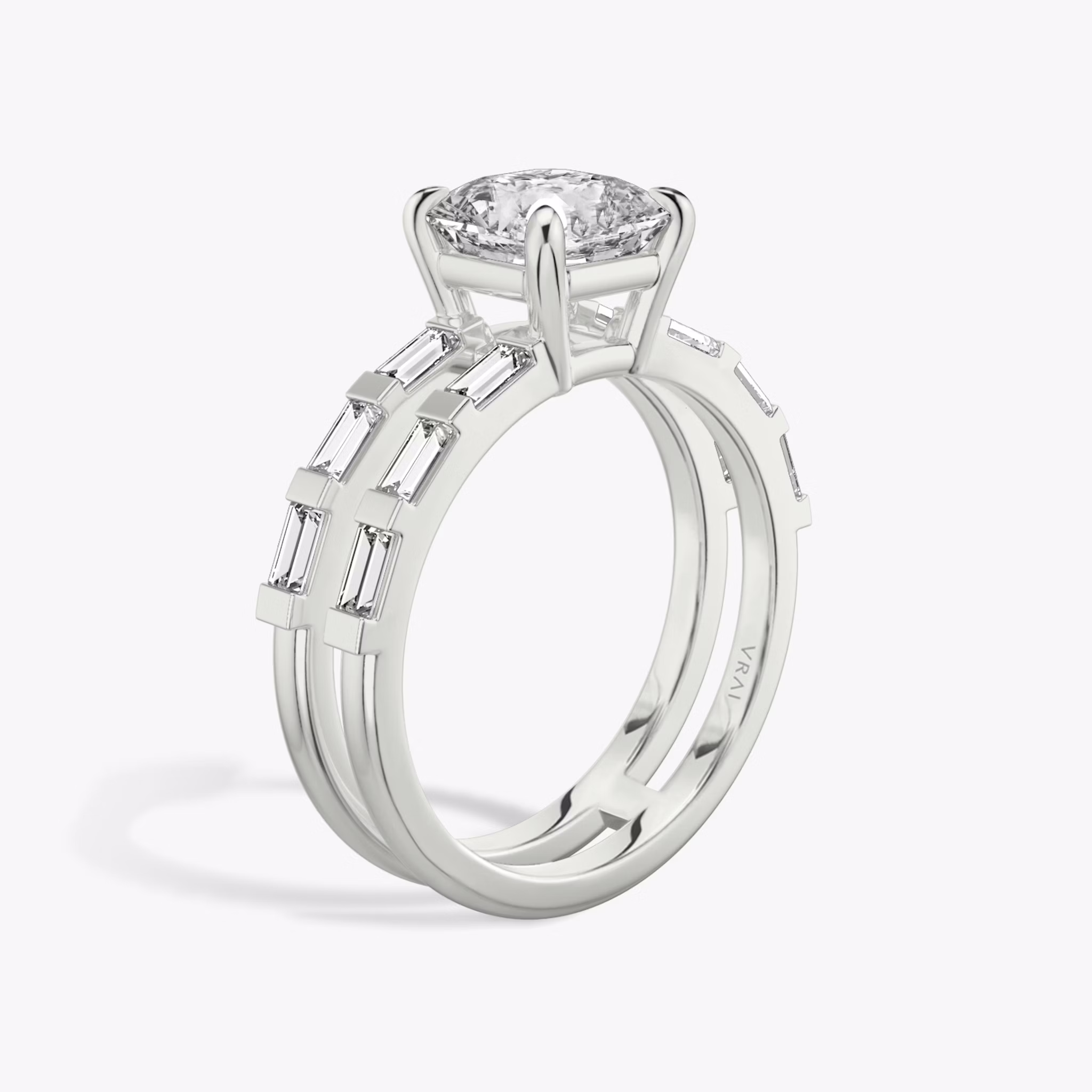The Double Band | Asscher | Platinum | bandAccent: Pavé | bandStoneShape: Baguette | diamondOrientation: vertical | caratWeight: other