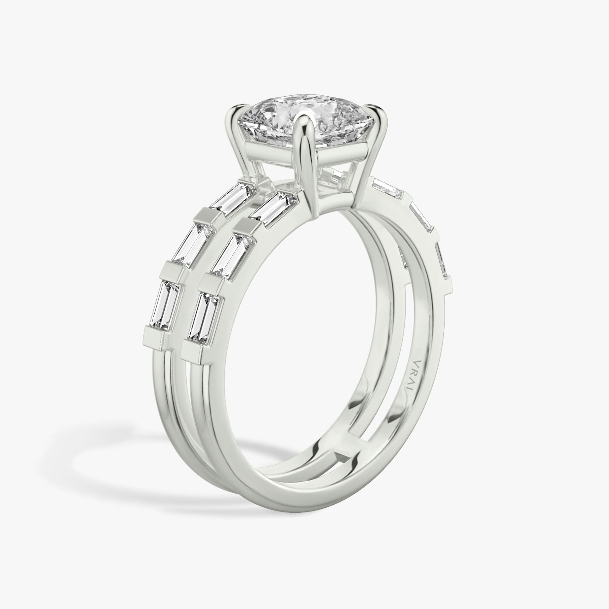 The Double Band | Asscher | Platinum | bandAccent: Pavé | bandStoneShape: Baguette | diamondOrientation: vertical | caratWeight: other
