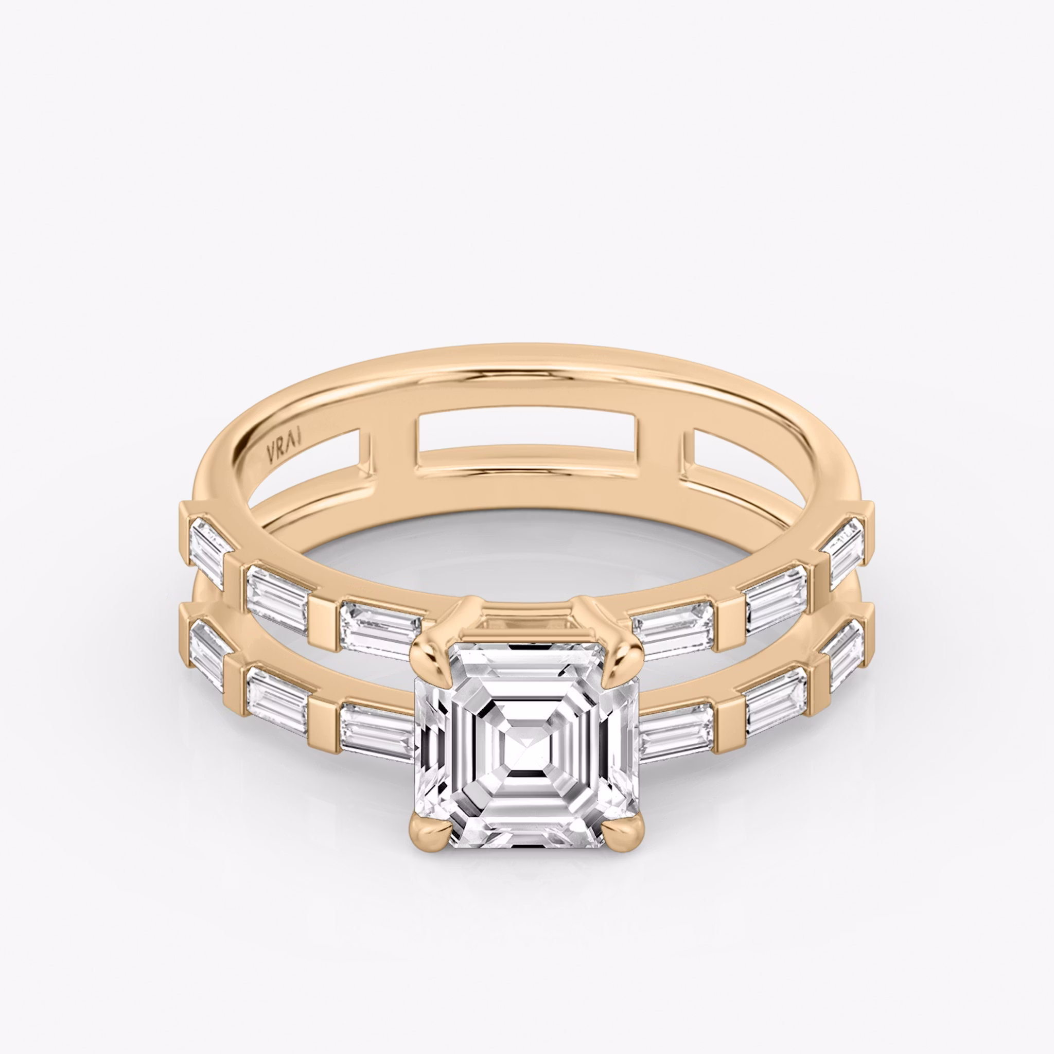 The Double Band | Asscher | 14k | Rose Gold | bandAccent: Pavé | bandStoneShape: Baguette | diamondOrientation: vertical | caratWeight: other