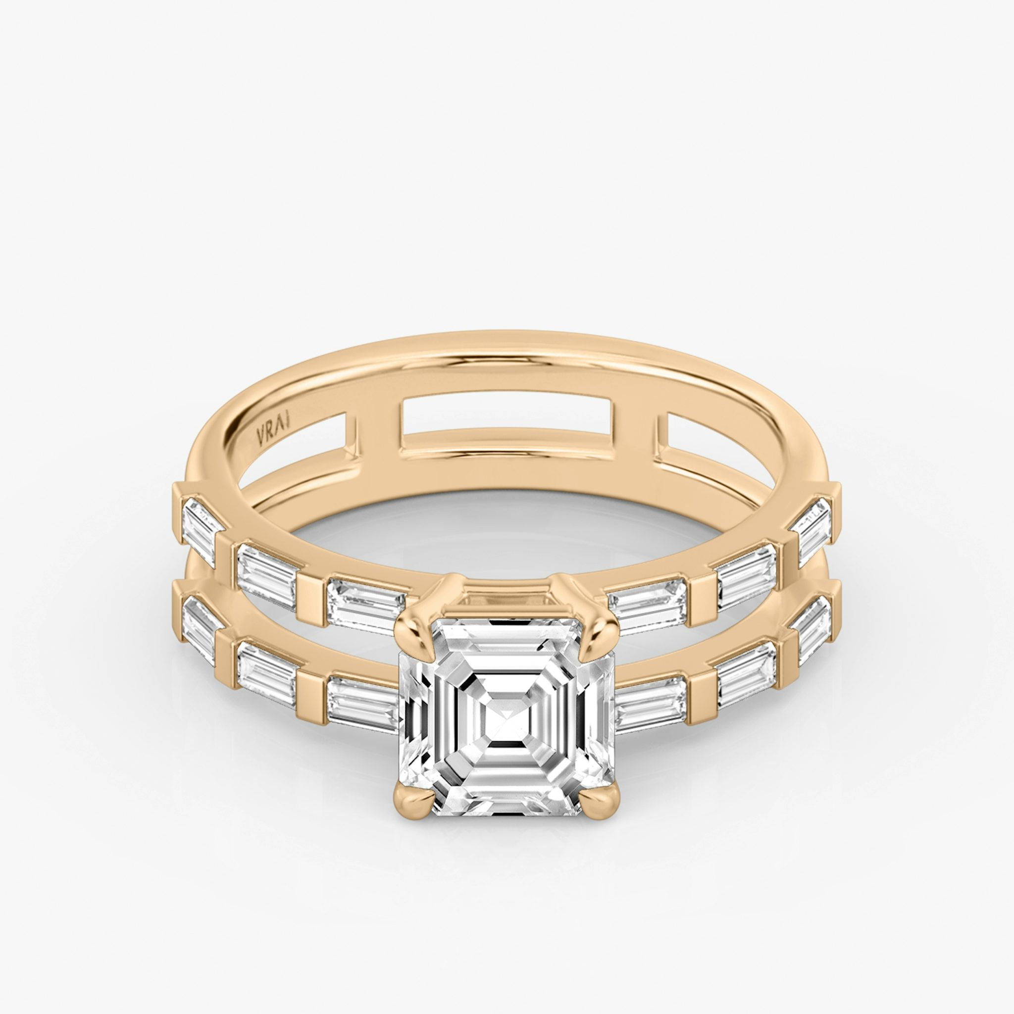 The Double Band | Asscher | 14k | Rose Gold | bandAccent: Pavé | bandStoneShape: Baguette | diamondOrientation: vertical | caratWeight: other