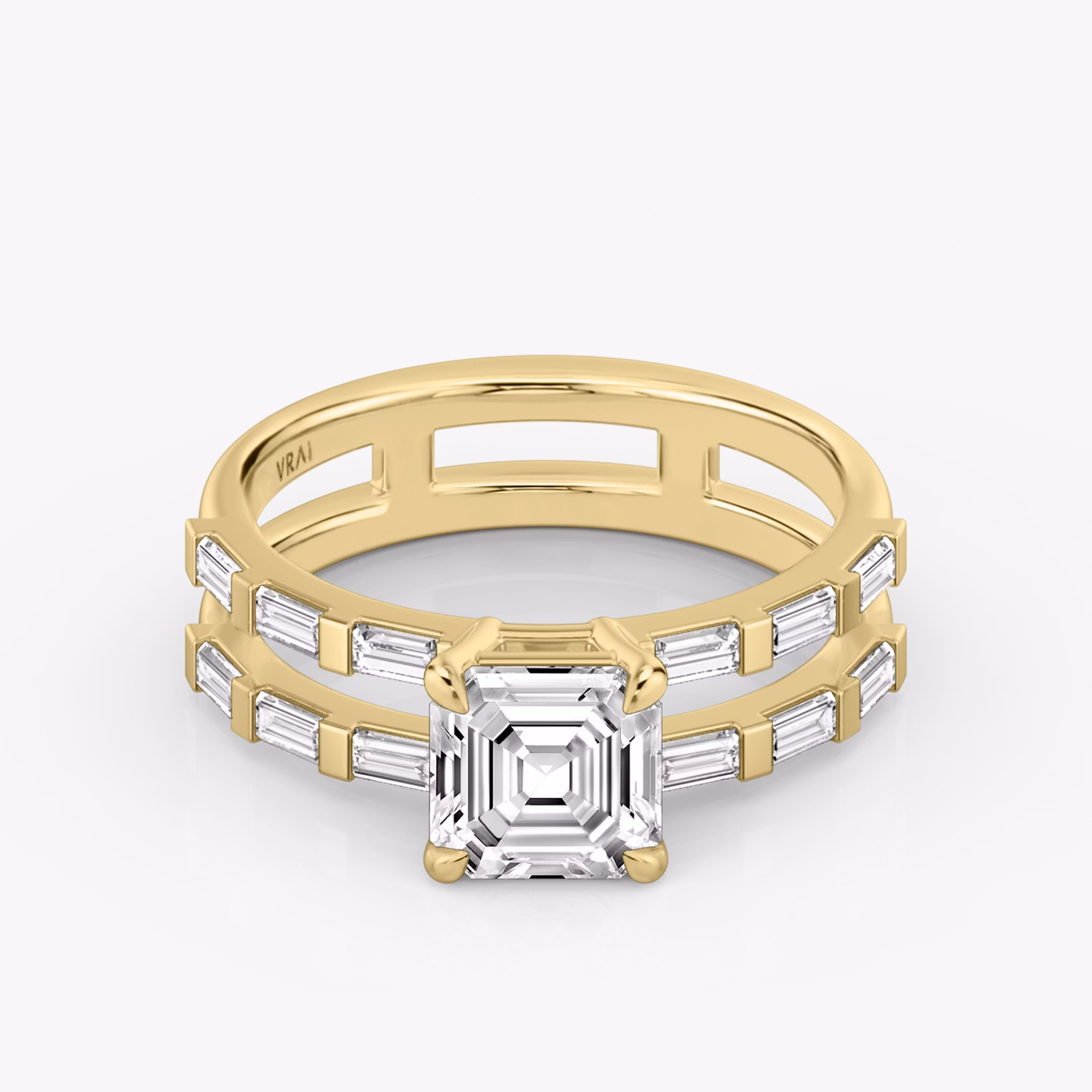 The Double Band | Asscher | 18k | Yellow Gold | bandAccent: Pavé | bandStoneShape: Baguette | diamondOrientation: vertical | caratWeight: other
