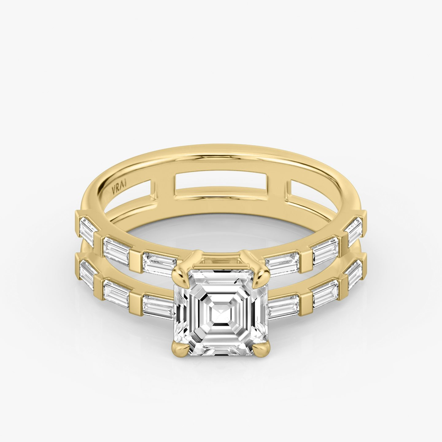 The Double Band | Asscher | 18k | Yellow Gold | bandAccent: Pavé | bandStoneShape: Baguette | diamondOrientation: vertical | caratWeight: other