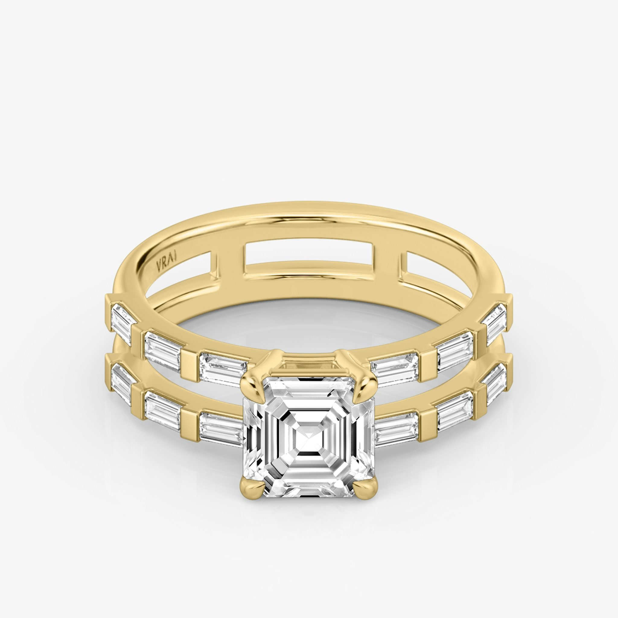 The Double Band | Asscher | 18k | Yellow Gold | bandAccent: Pavé | bandStoneShape: Baguette | diamondOrientation: vertical | caratWeight: other