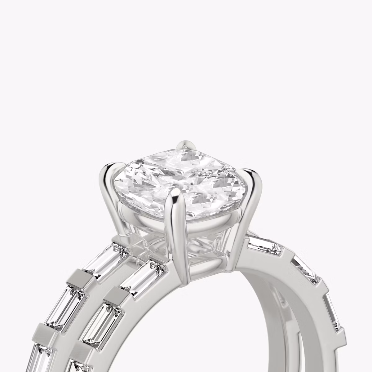 The Double Band | Cushion | 18k | White Gold | bandAccent: Pavé | bandStoneShape: Baguette | diamondOrientation: vertical | caratWeight: other