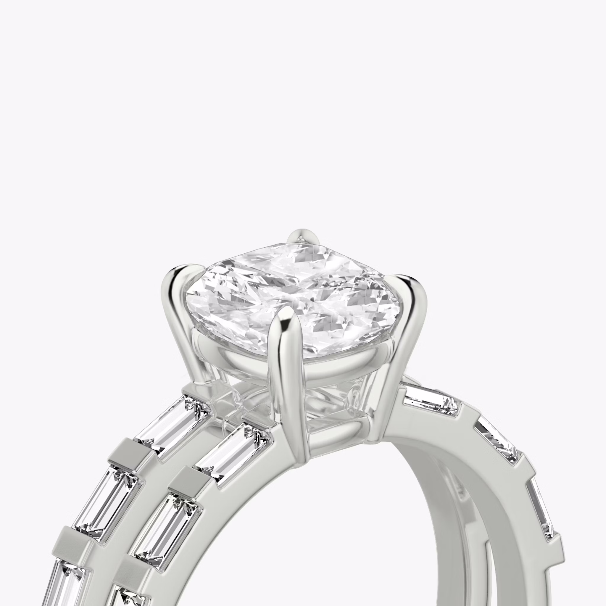 The Double Band | Cushion | Platinum | bandAccent: Pavé | bandStoneShape: Baguette | diamondOrientation: vertical | caratWeight: other