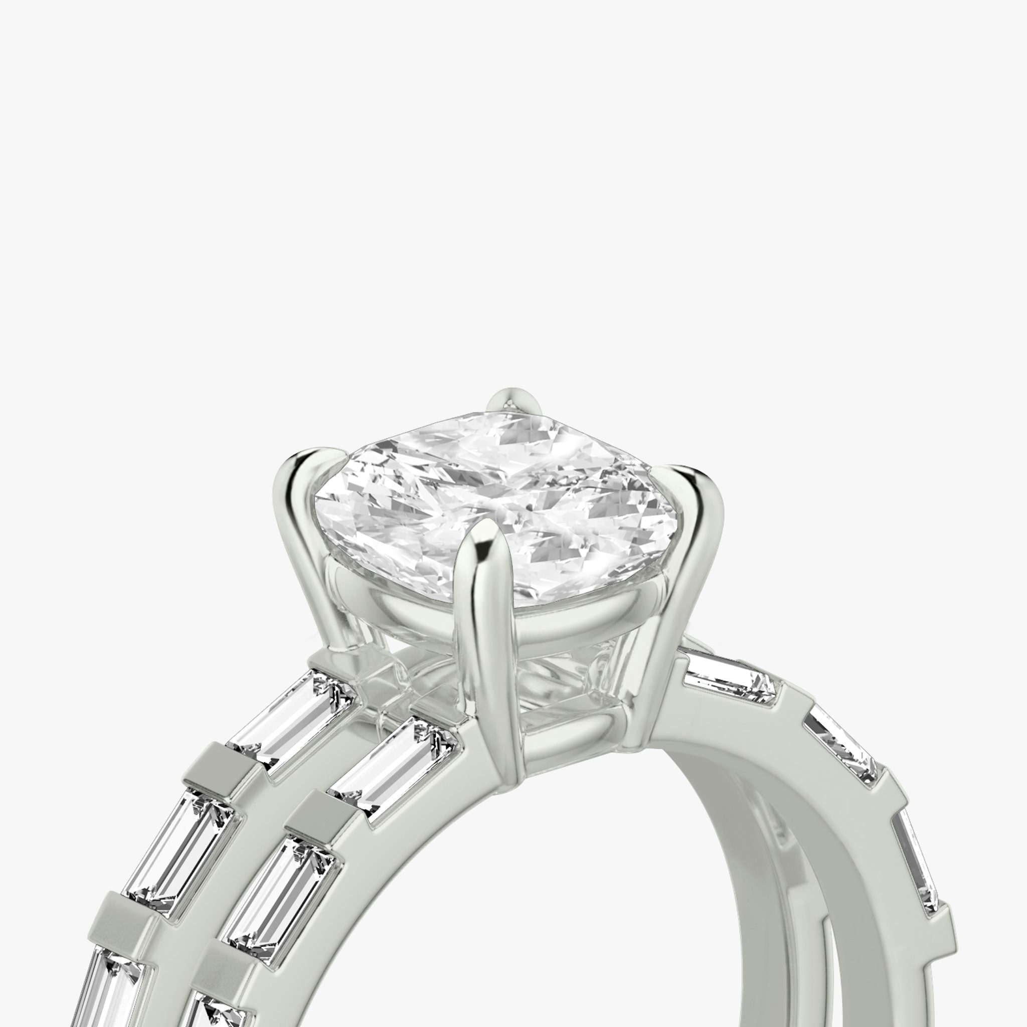 The Double Band | Cushion | Platinum | bandAccent: Pavé | bandStoneShape: Baguette | diamondOrientation: vertical | caratWeight: other