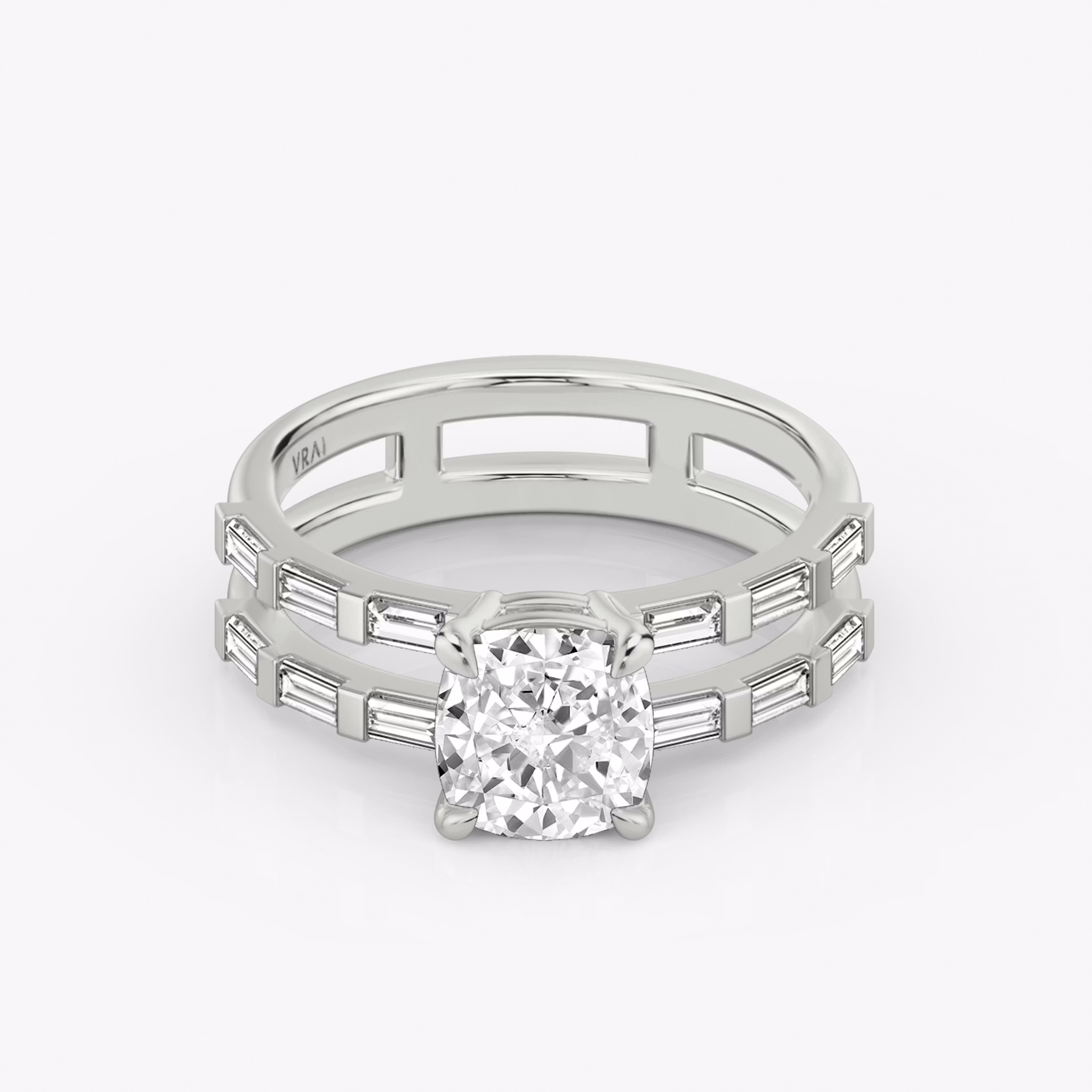 The Double Band | Cushion | Platinum | bandAccent: Pavé | bandStoneShape: Baguette | diamondOrientation: vertical | caratWeight: other