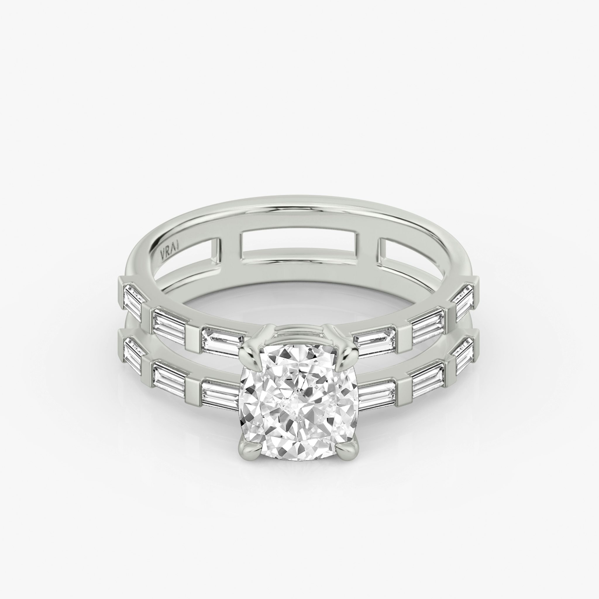 The Double Band | Cushion | Platinum | bandAccent: Pavé | bandStoneShape: Baguette | diamondOrientation: vertical | caratWeight: other