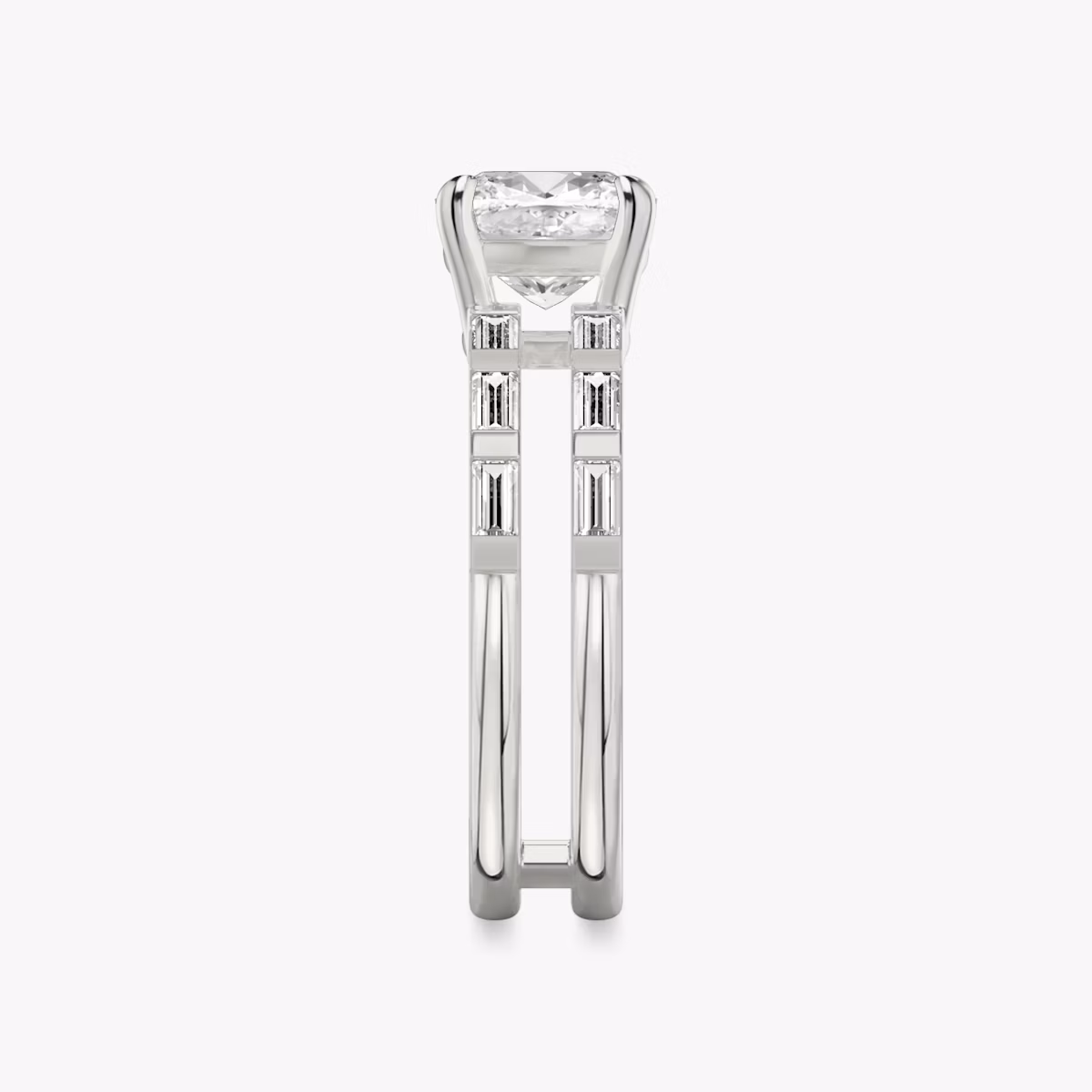 The Double Band | Cushion | 18k | White Gold | bandAccent: Pavé | bandStoneShape: Baguette | diamondOrientation: vertical | caratWeight: other