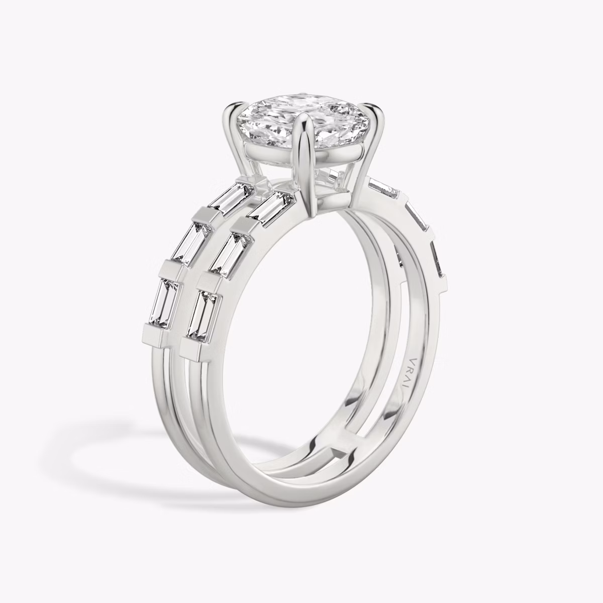 The Double Band | Cushion | 18k | White Gold | bandAccent: Pavé | bandStoneShape: Baguette | diamondOrientation: vertical | caratWeight: other
