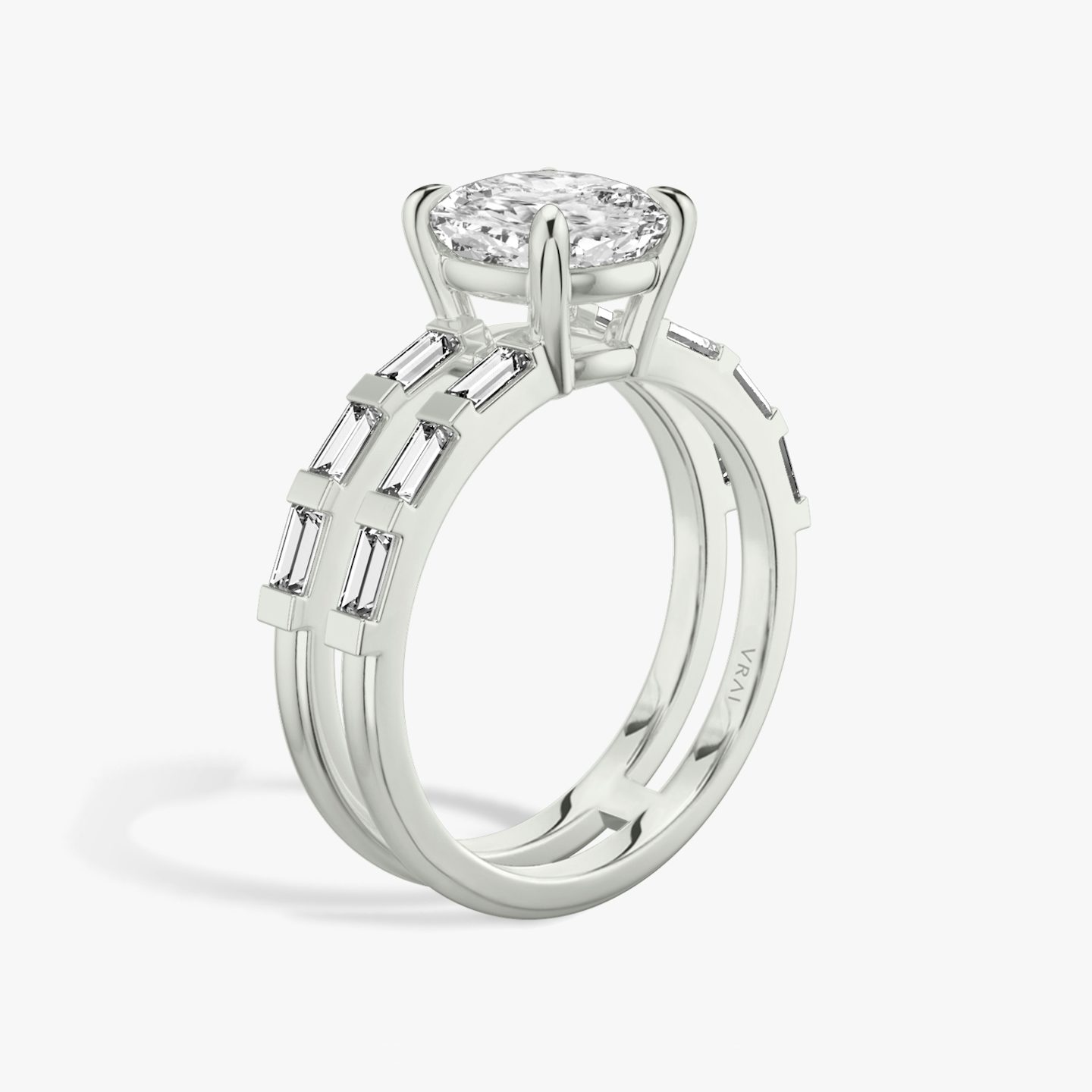 The Double Band | Cushion | Platinum | bandAccent: Pavé | bandStoneShape: Baguette | diamondOrientation: vertical | caratWeight: other
