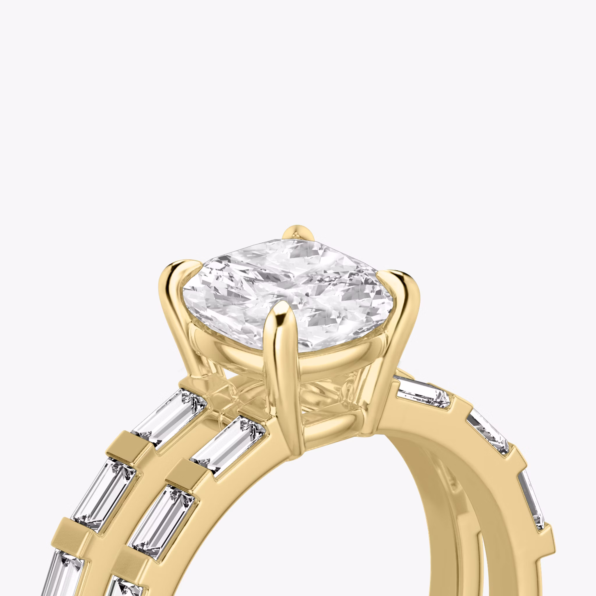 The Double Band | Cushion | 18k | Yellow Gold | bandAccent: Pavé | bandStoneShape: Baguette | diamondOrientation: vertical | caratWeight: other