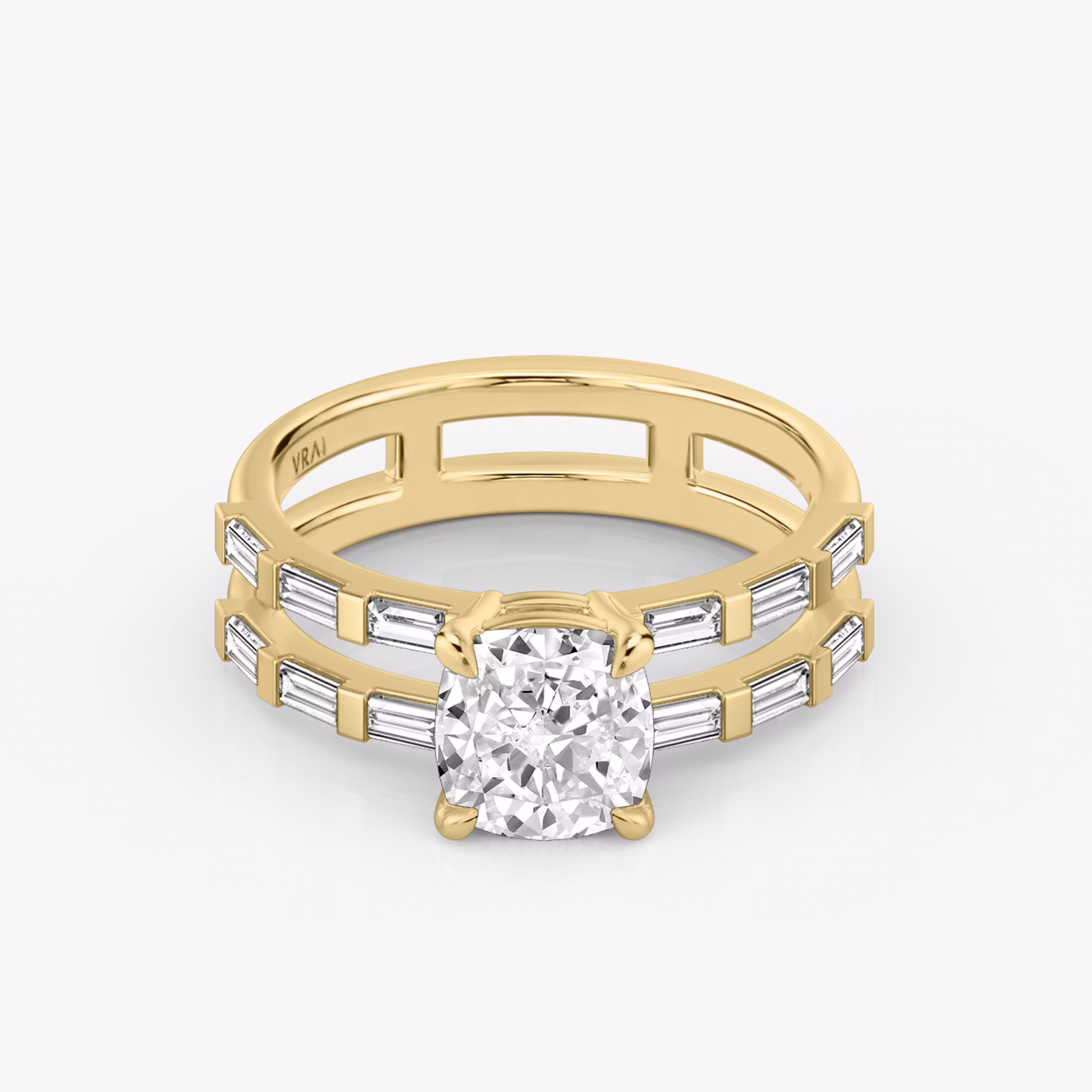 The Double Band | Cushion | 18k | Yellow Gold | bandAccent: Pavé | bandStoneShape: Baguette | diamondOrientation: vertical | caratWeight: other