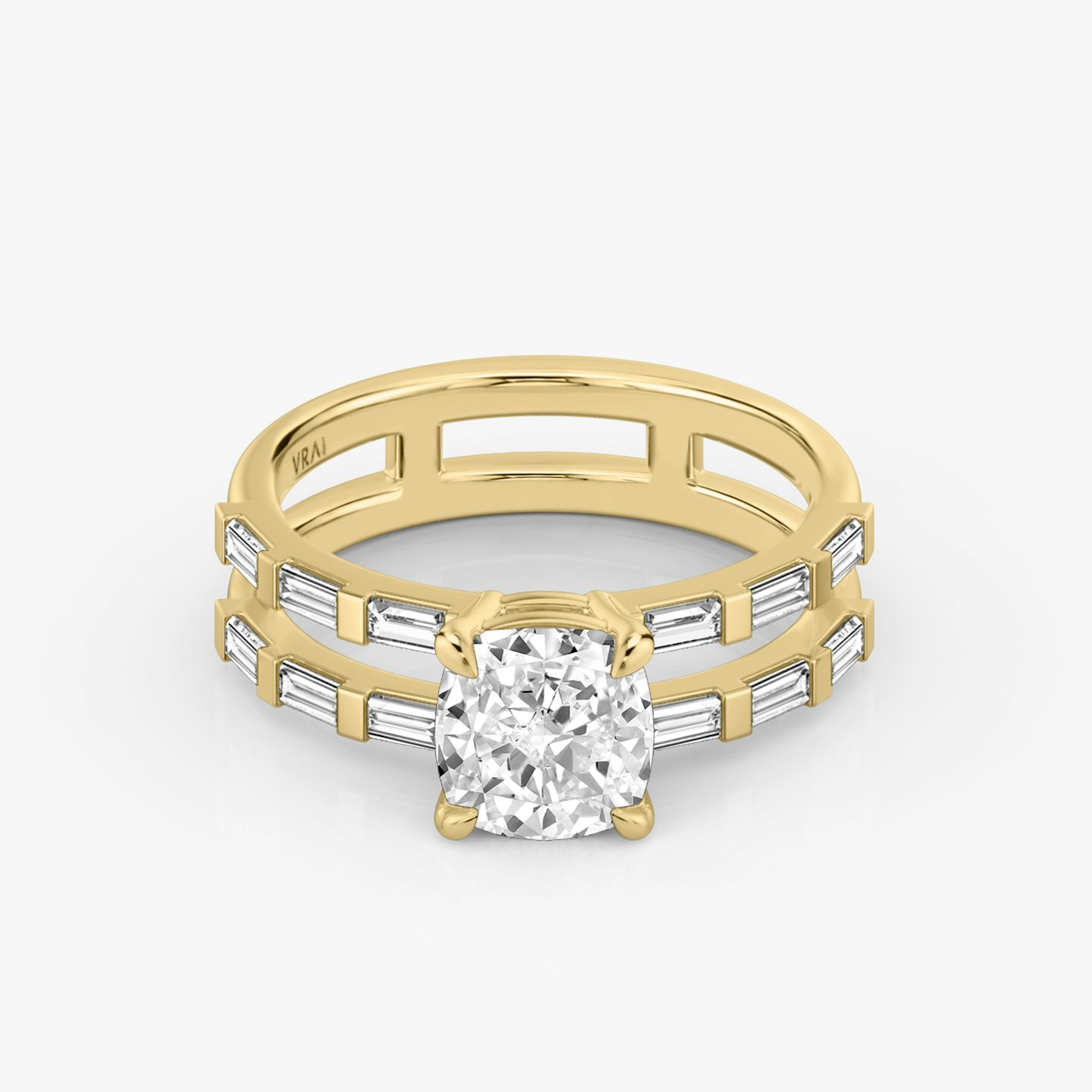 The Double Band | Cushion | 18k | Yellow Gold | bandAccent: Pavé | bandStoneShape: Baguette | diamondOrientation: vertical | caratWeight: other