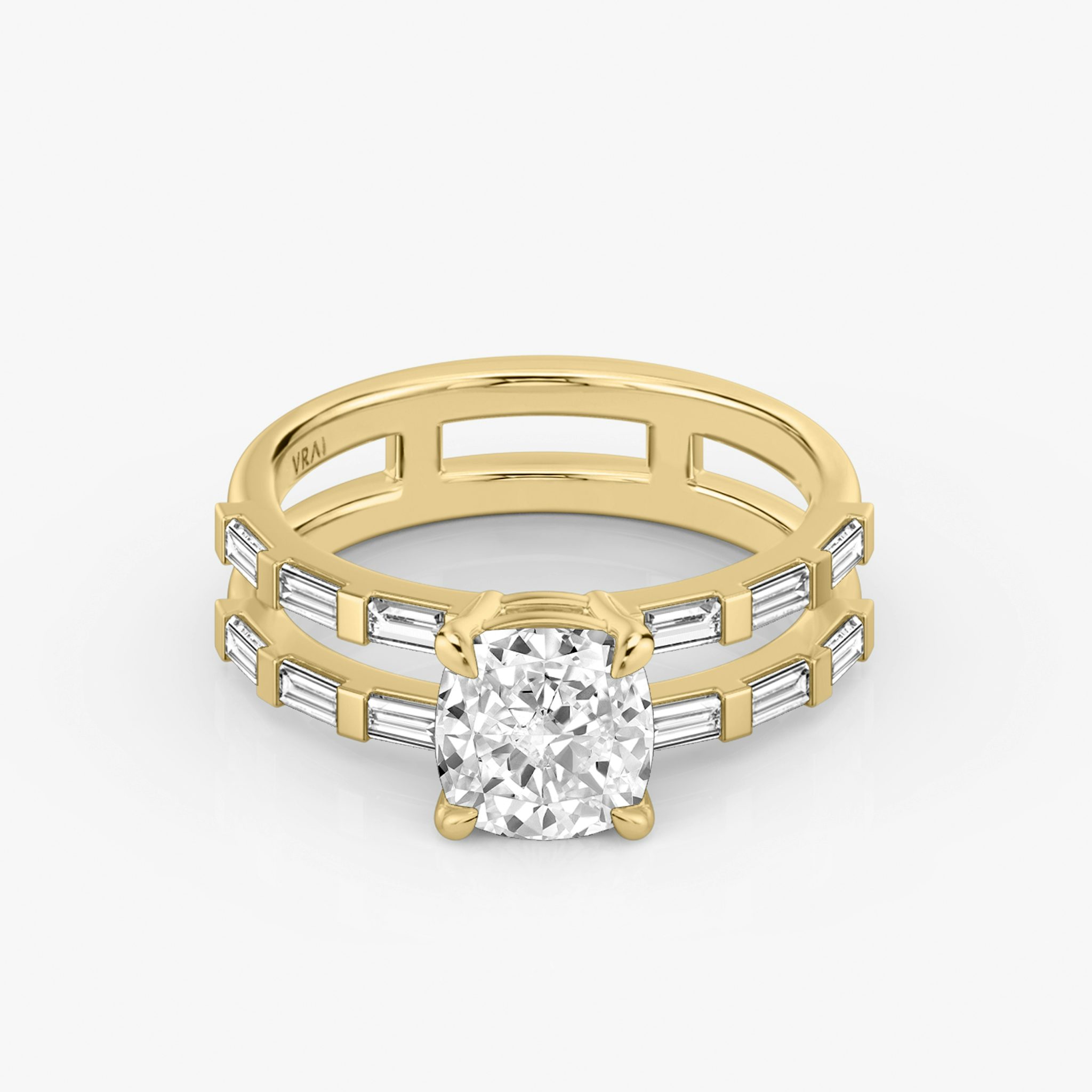 The Double Band | Cushion | 18k | Yellow Gold | bandAccent: Pavé | bandStoneShape: Baguette | diamondOrientation: vertical | caratWeight: other