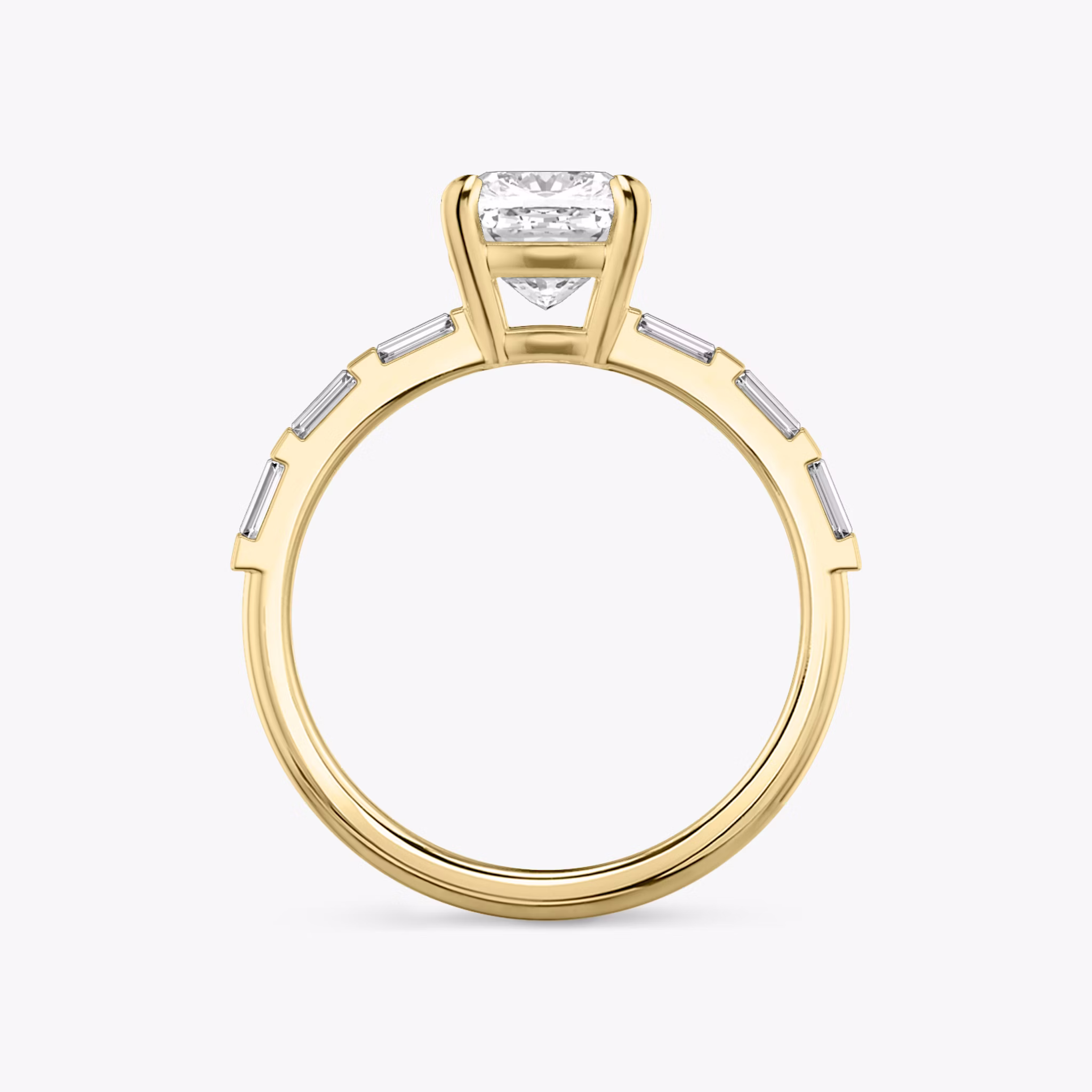 The Double Band | Cushion | 18k | Yellow Gold | bandAccent: Pavé | bandStoneShape: Baguette | diamondOrientation: vertical | caratWeight: other