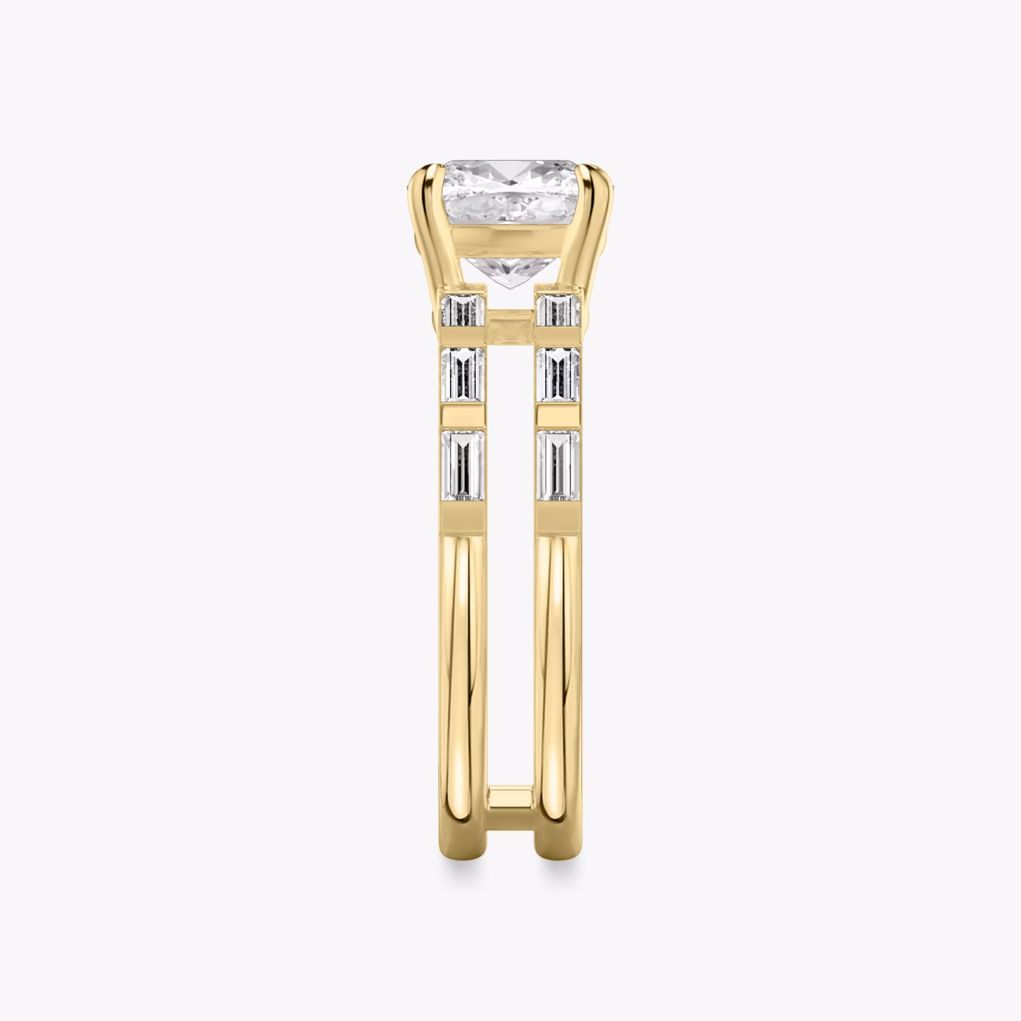 The Double Band | Cushion | 18k | Yellow Gold | bandAccent: Pavé | bandStoneShape: Baguette | diamondOrientation: vertical | caratWeight: other