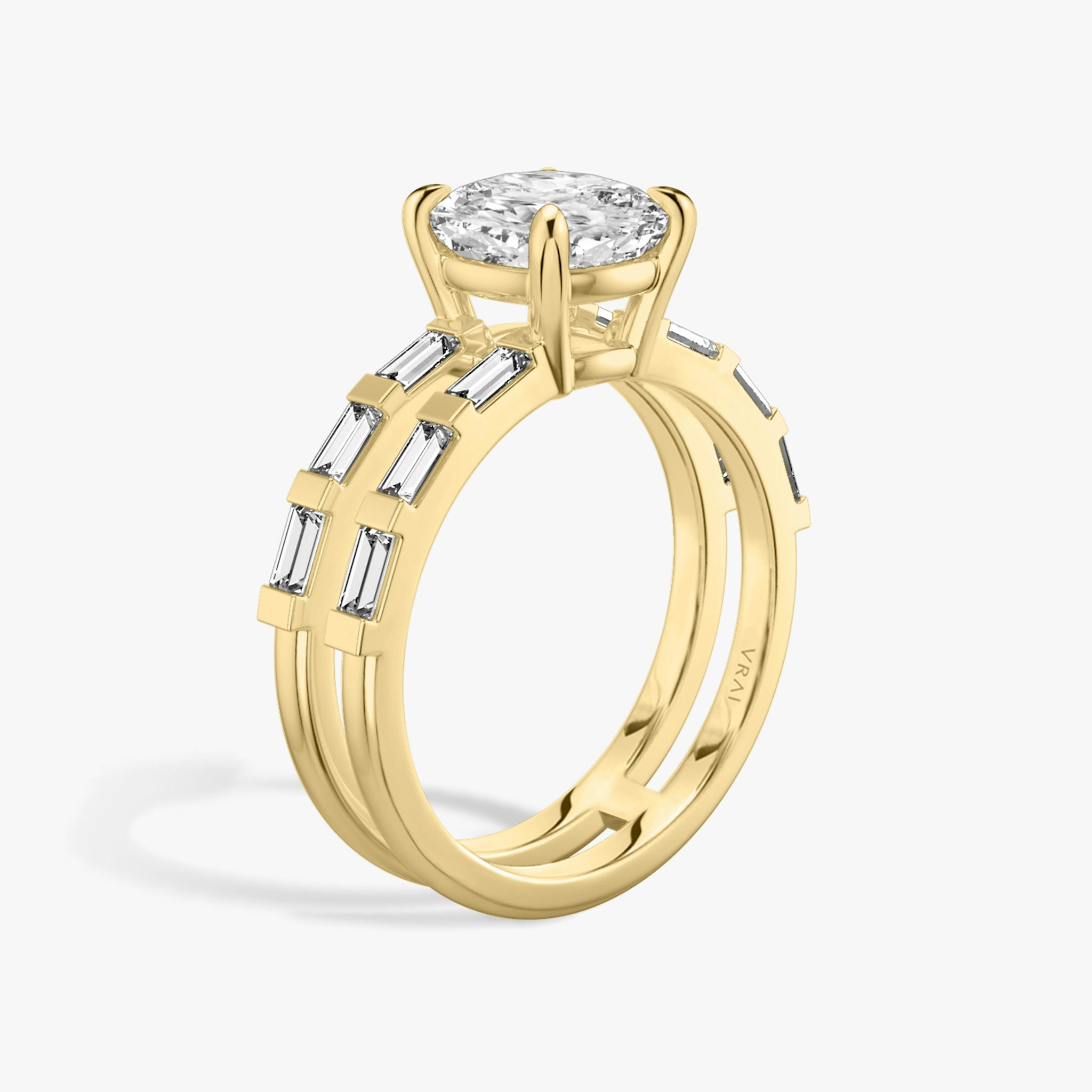The Double Band | Cushion | 18k | Yellow Gold | bandAccent: Pavé | bandStoneShape: Baguette | diamondOrientation: vertical | caratWeight: other